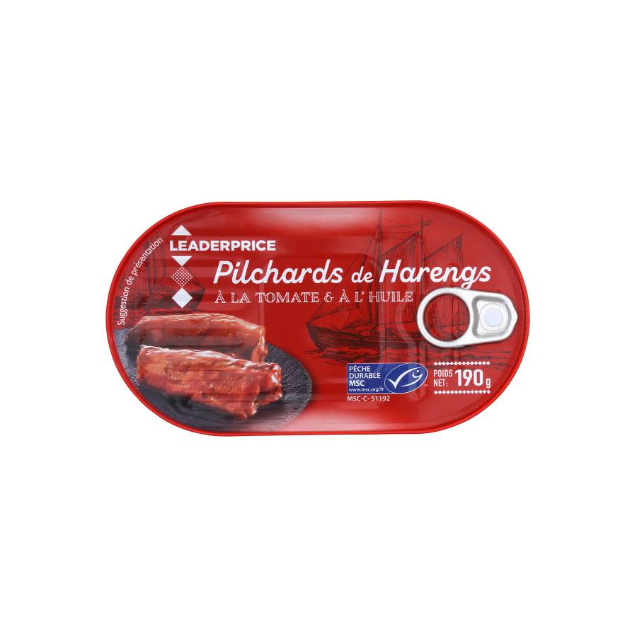 LEADER PRICE PILCHARDS DE HARENGS TOMATE AND HUILE 190G