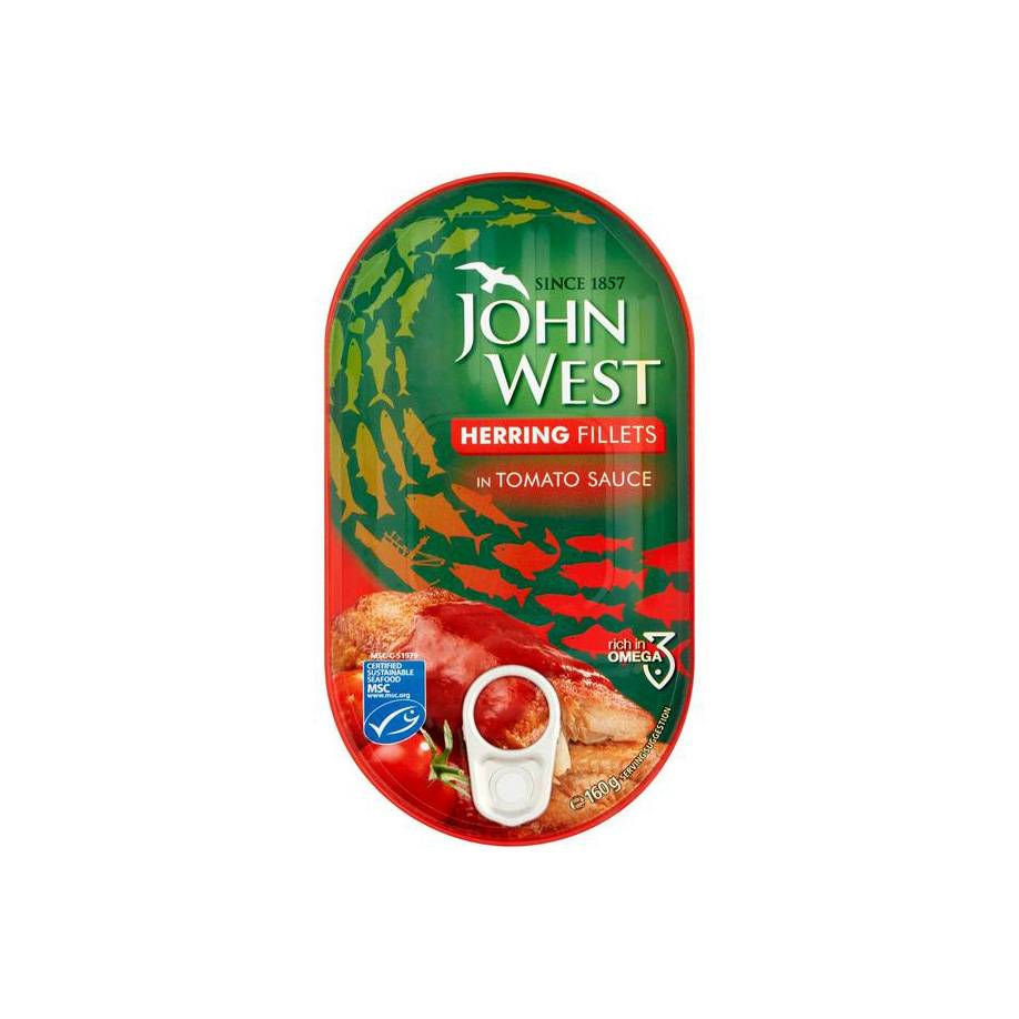 JOHN WEST HERRING FILLETS IN TOMATO SAUCE 145G