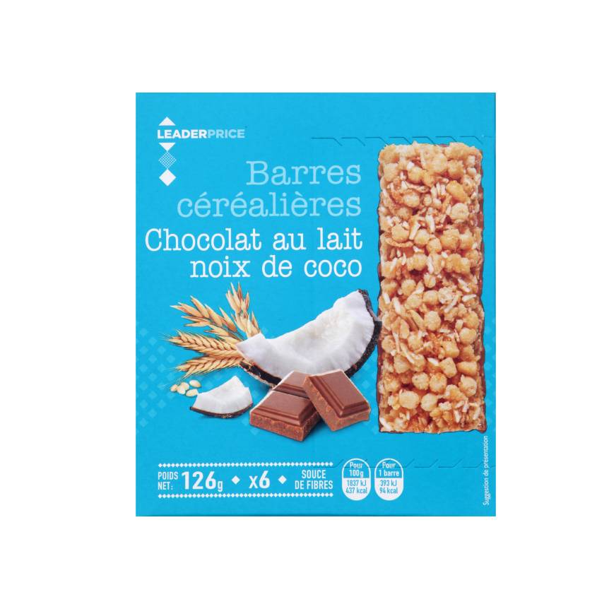 LEADER PRICE BARRES CEREAL CHOCOLAT AU LAIT NOIX DE COCO 126G