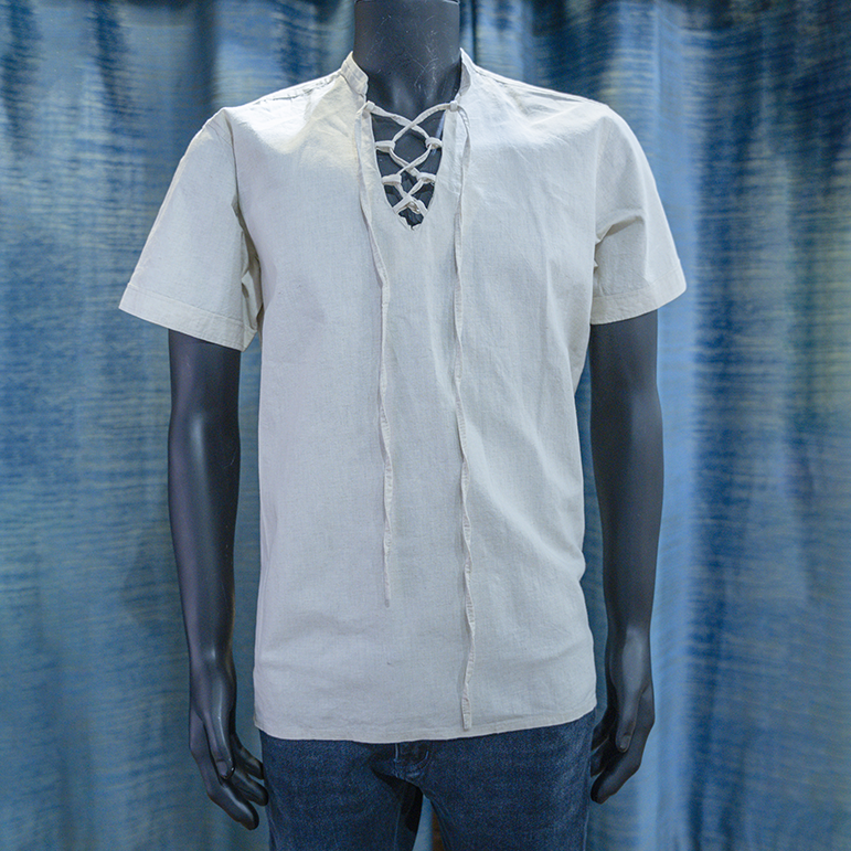 Beige Lace-Up Neck Short-Sleeve Shirt - Berwa Mentality