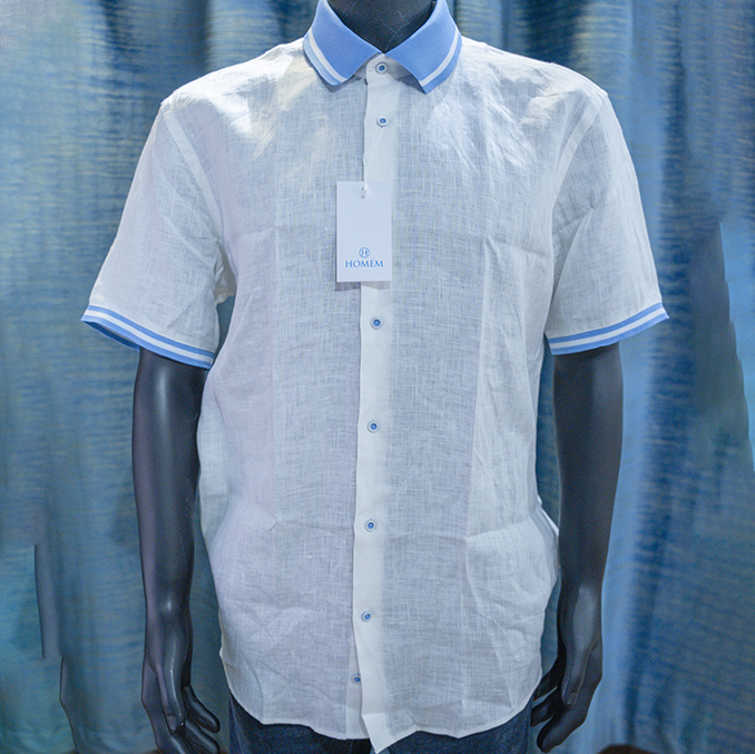 White Linen Shirt with Blue Trim Accents - H O M E M