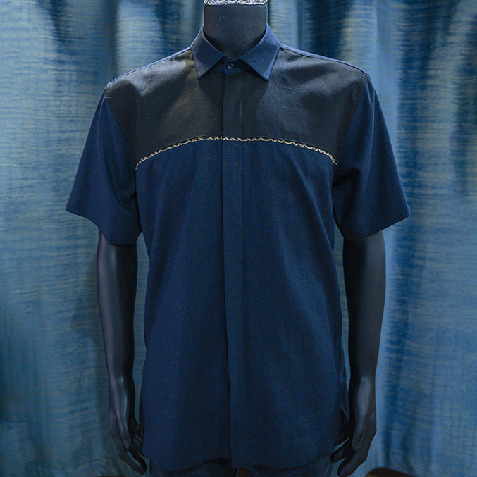 Navy and Black Color-Block Short-Sleeve Shirt - Berwa Mentality