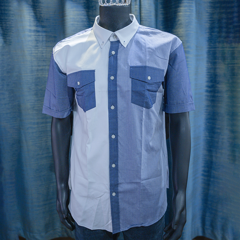 Chest Pockets White and Blue Patchwork Short-Sleeve Shirt