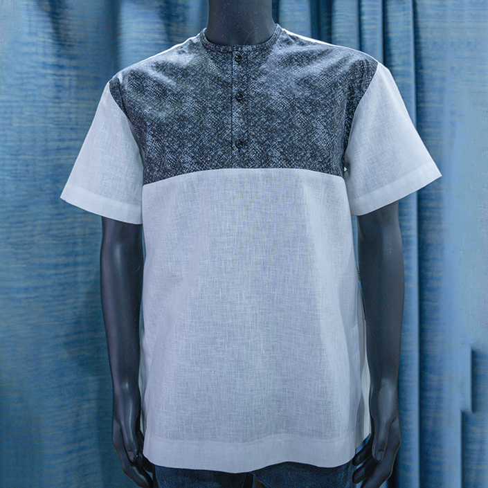 White and Textured Black Short-Sleeve Henley Shirt - Berwa Mentality