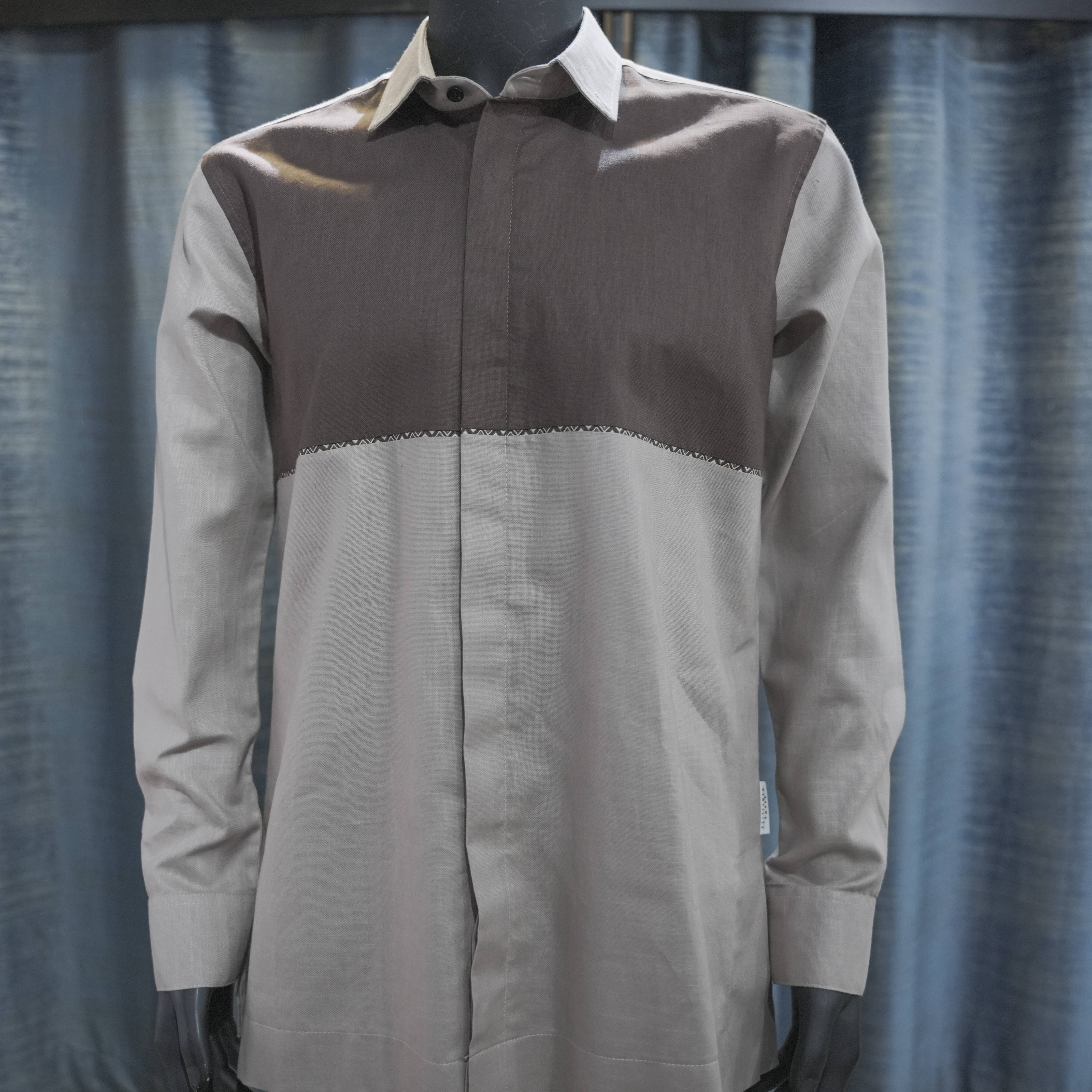 Brown and Gray Color-Block Long-Sleeve Shirt - Berwa Mentality