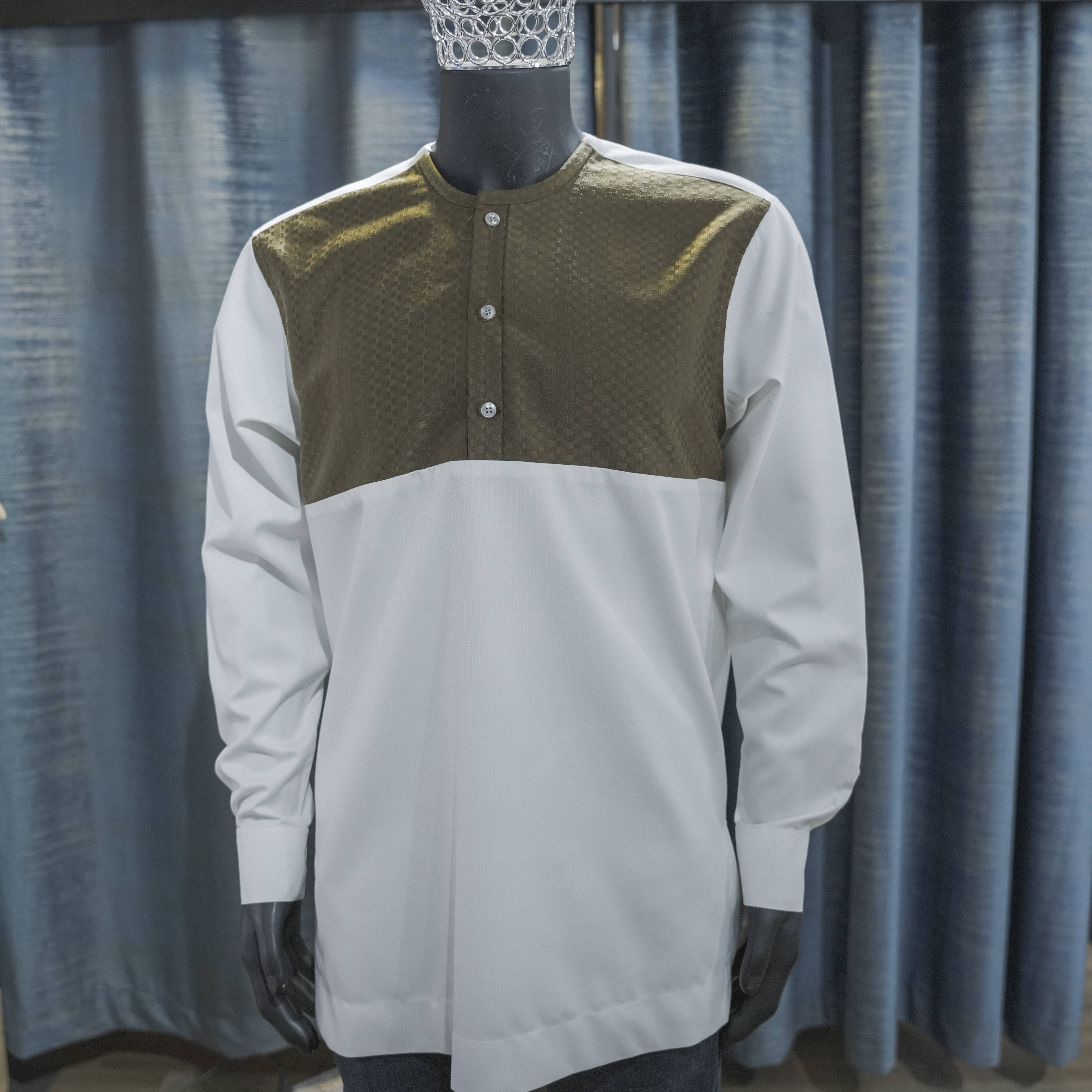 White and Olive Panel Kaftan Shirt - Berwa Mentality