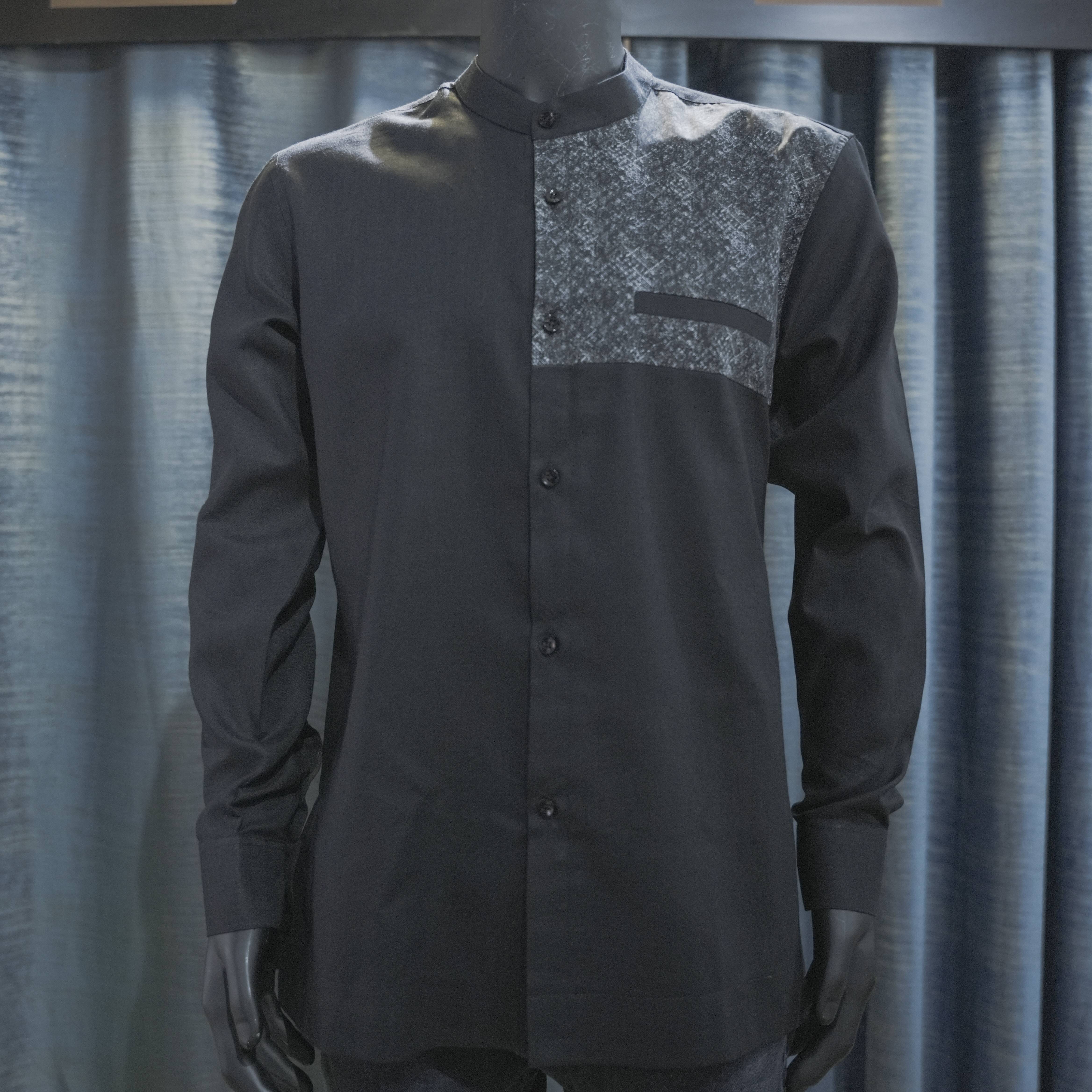 Textured Chest Panel Men's Black Mandarin Collar Kurta - Berwa Mentality