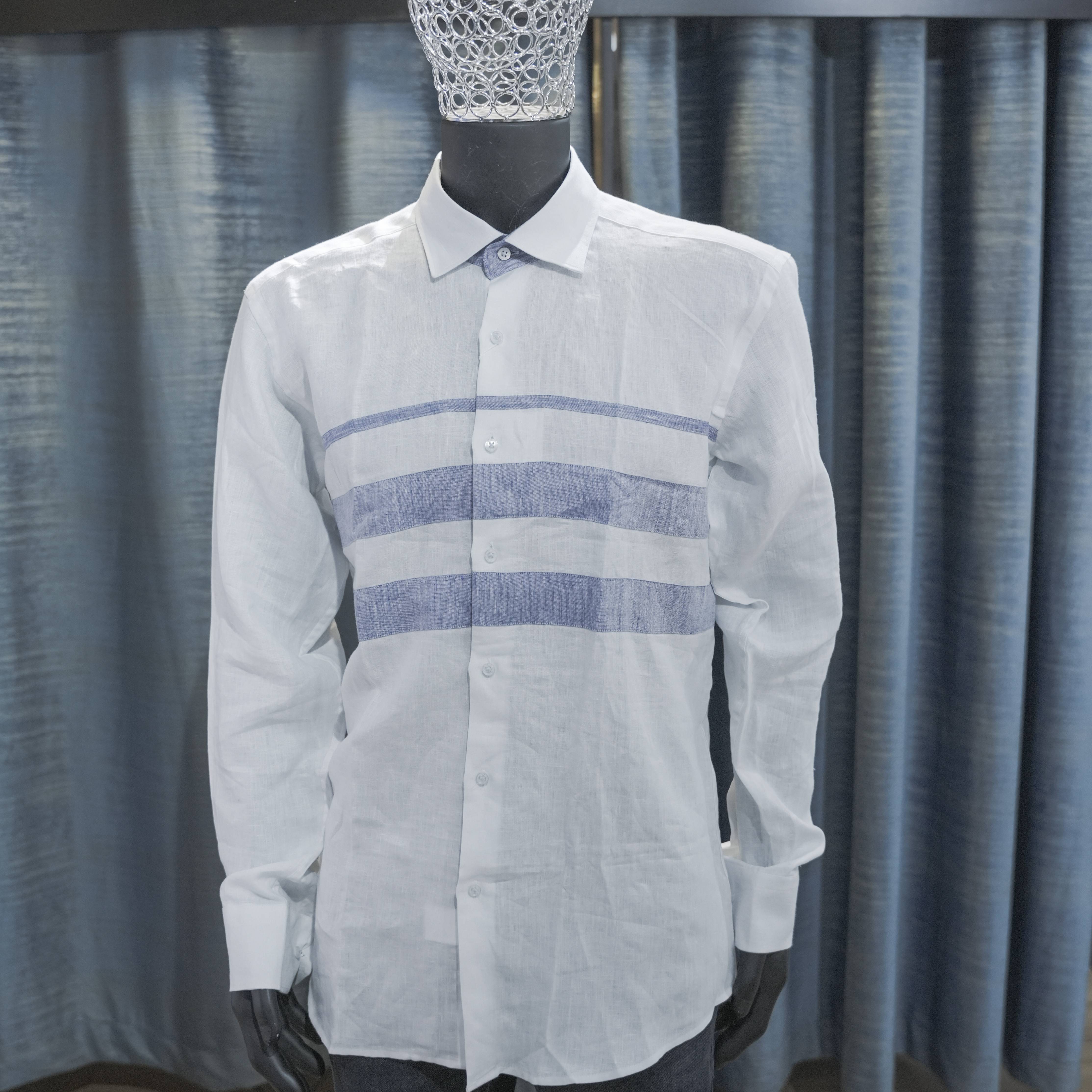 Men's White and Blue Striped Chest Shirt