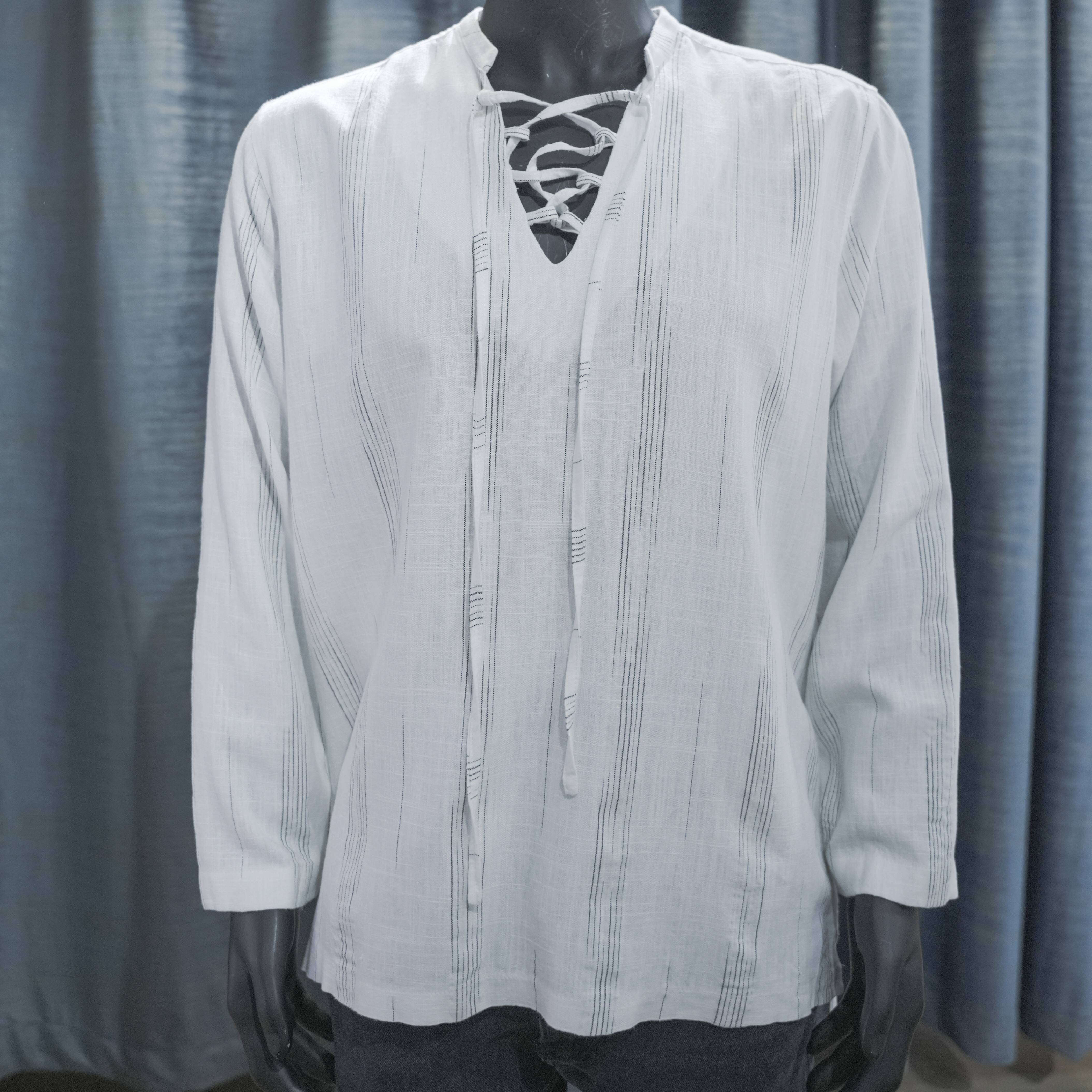 Men's White Lace-Up Striped Bohemian Shirt - Berwa Mentality