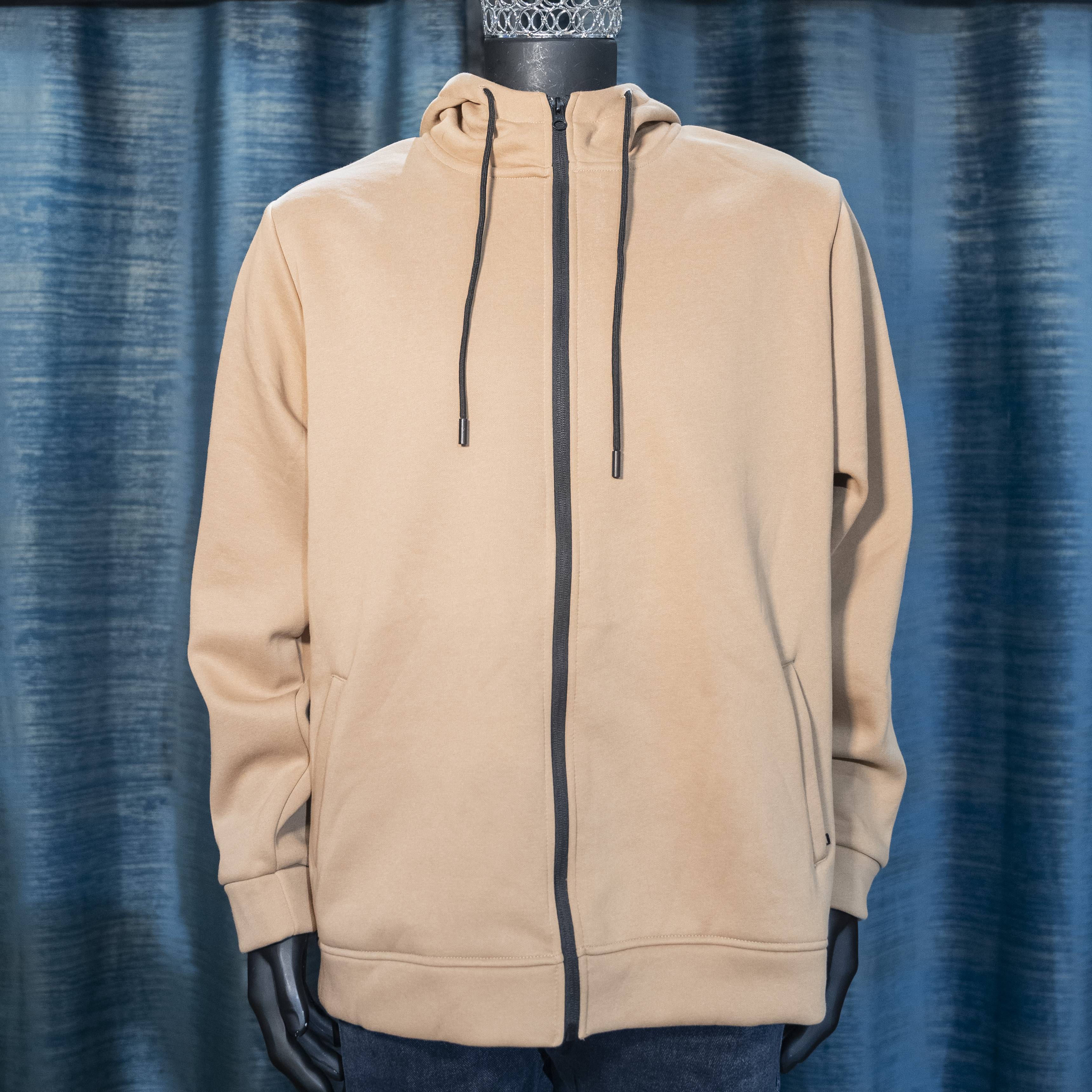 Men's Beige Zip-Up Hoodie with Contrast Drawstrings