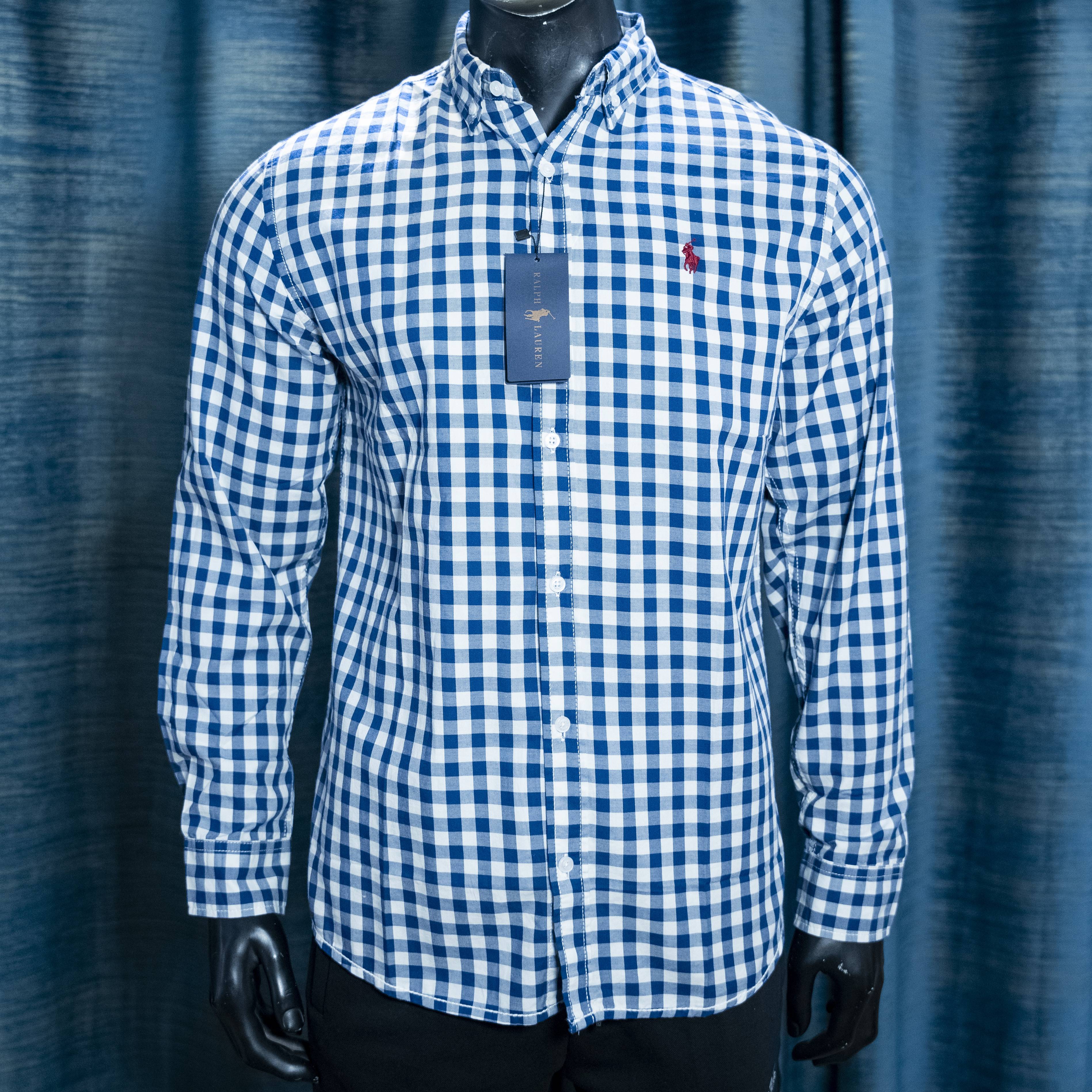 Men's Blue and White Gingham Checkered Shirt