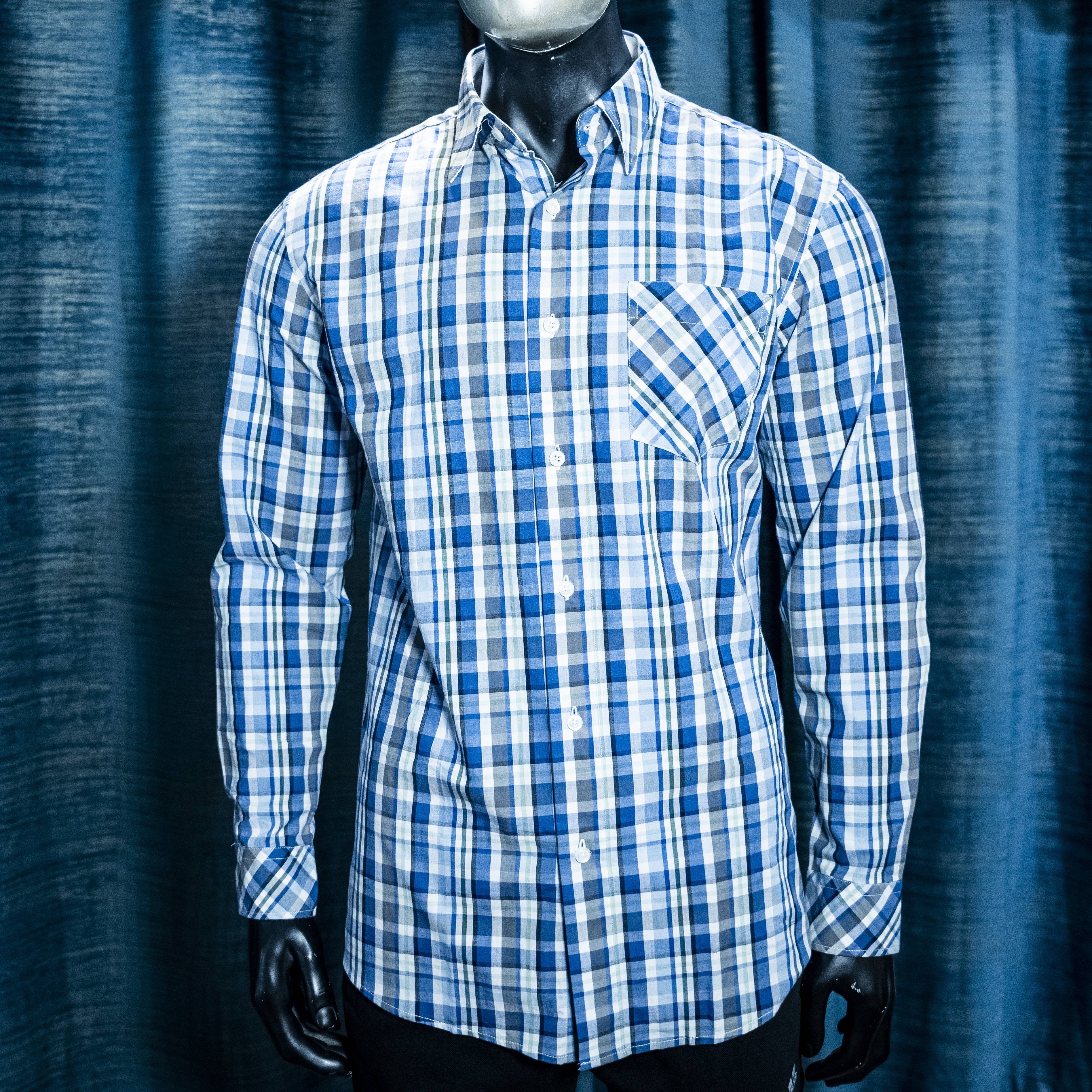 Men's Blue and White Plaid Long Sleeve Button-Up Shirt