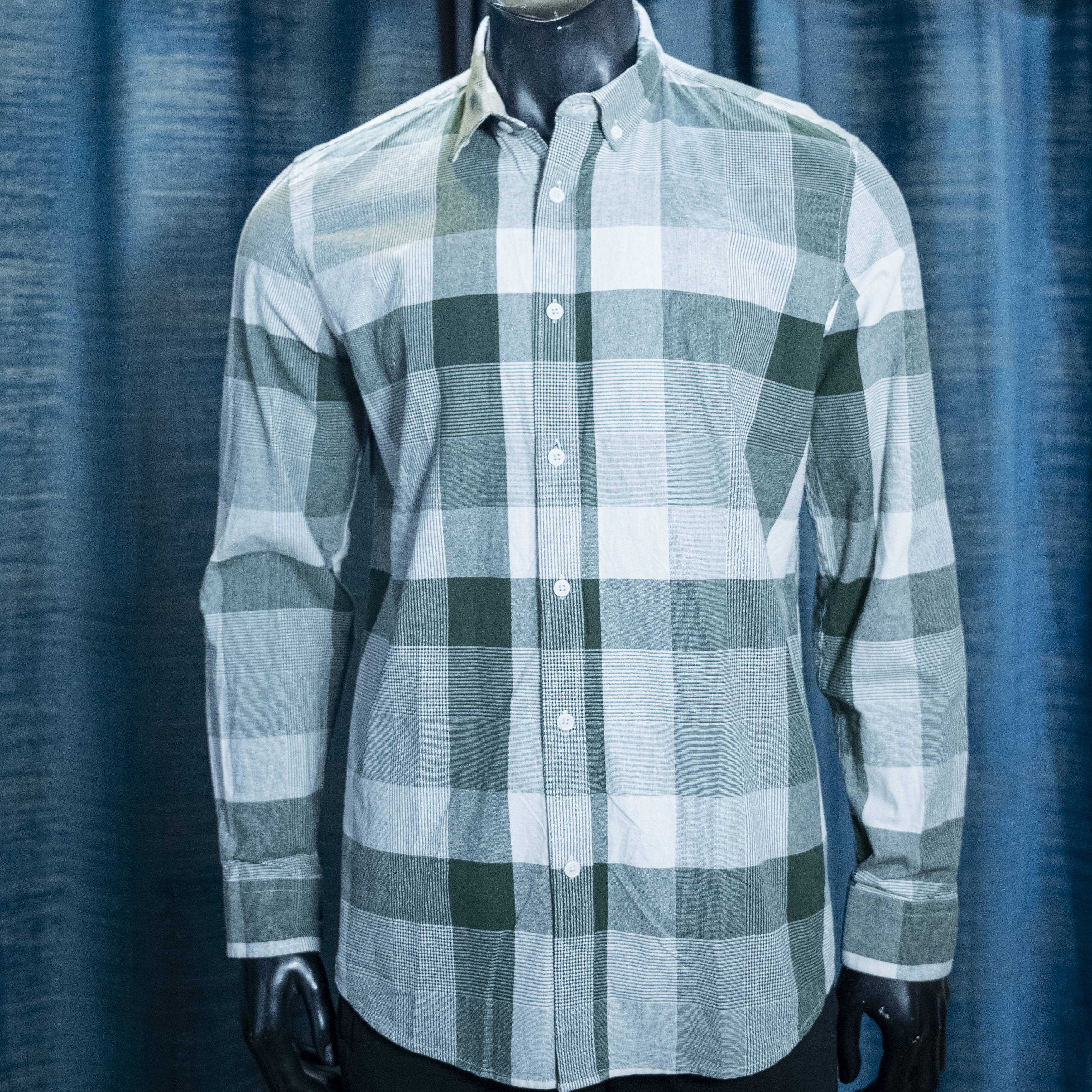 Men's Green and White Checkered Long Sleeve Button-Up Shirt