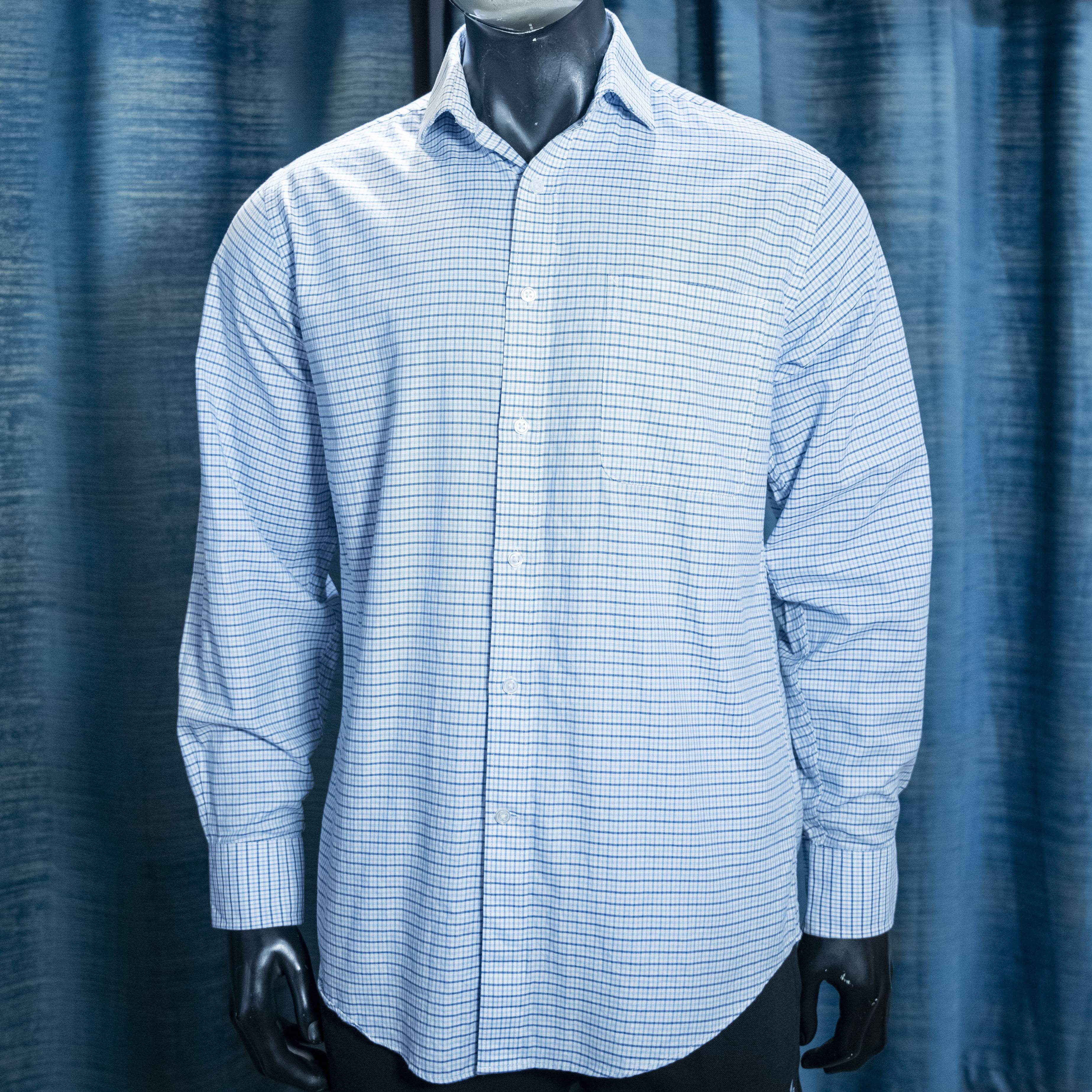 Men's Light Blue and White Plaid Long Sleeve Button-Up Shirt