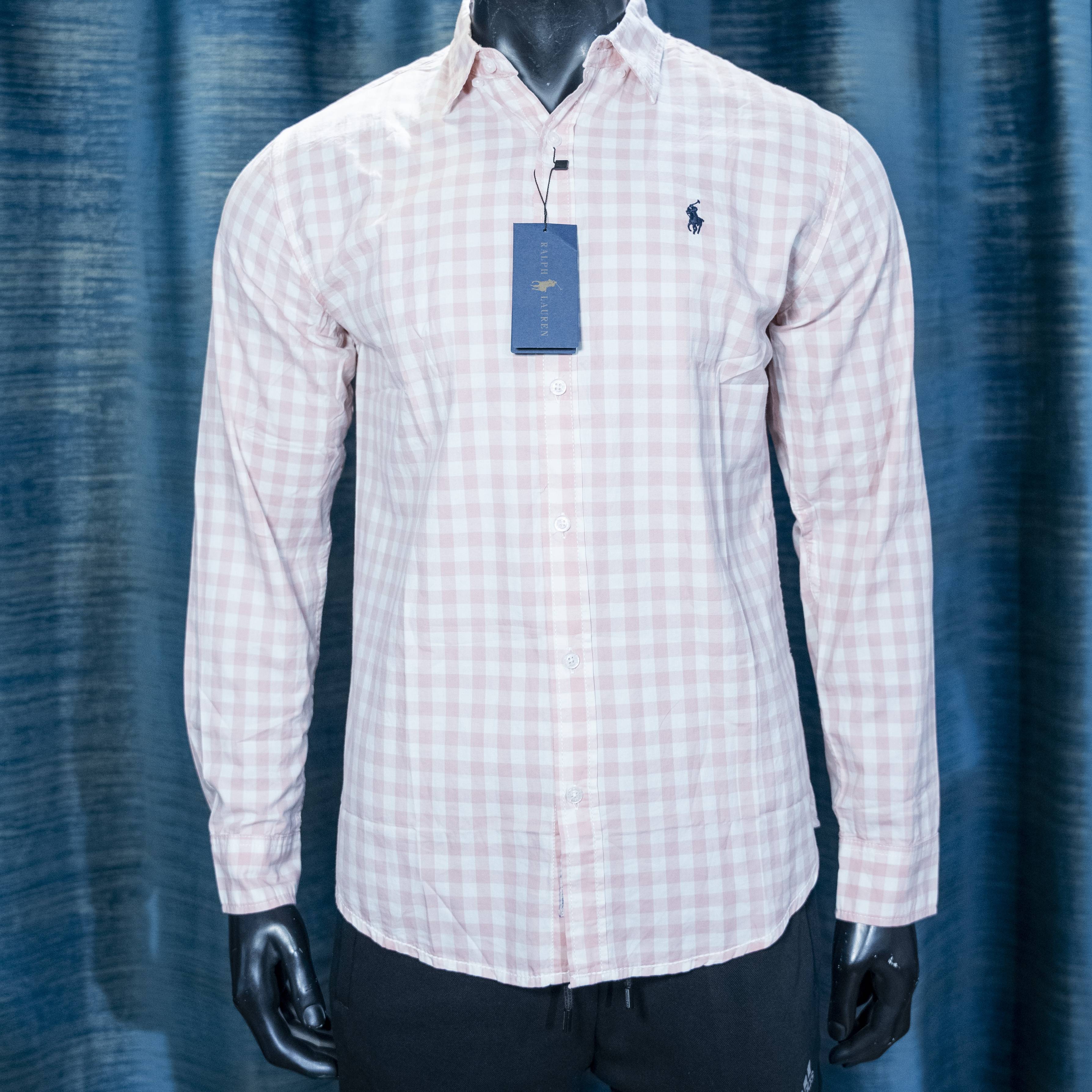 Men's Pink and White Gingham Check Long Sleeve Shirt