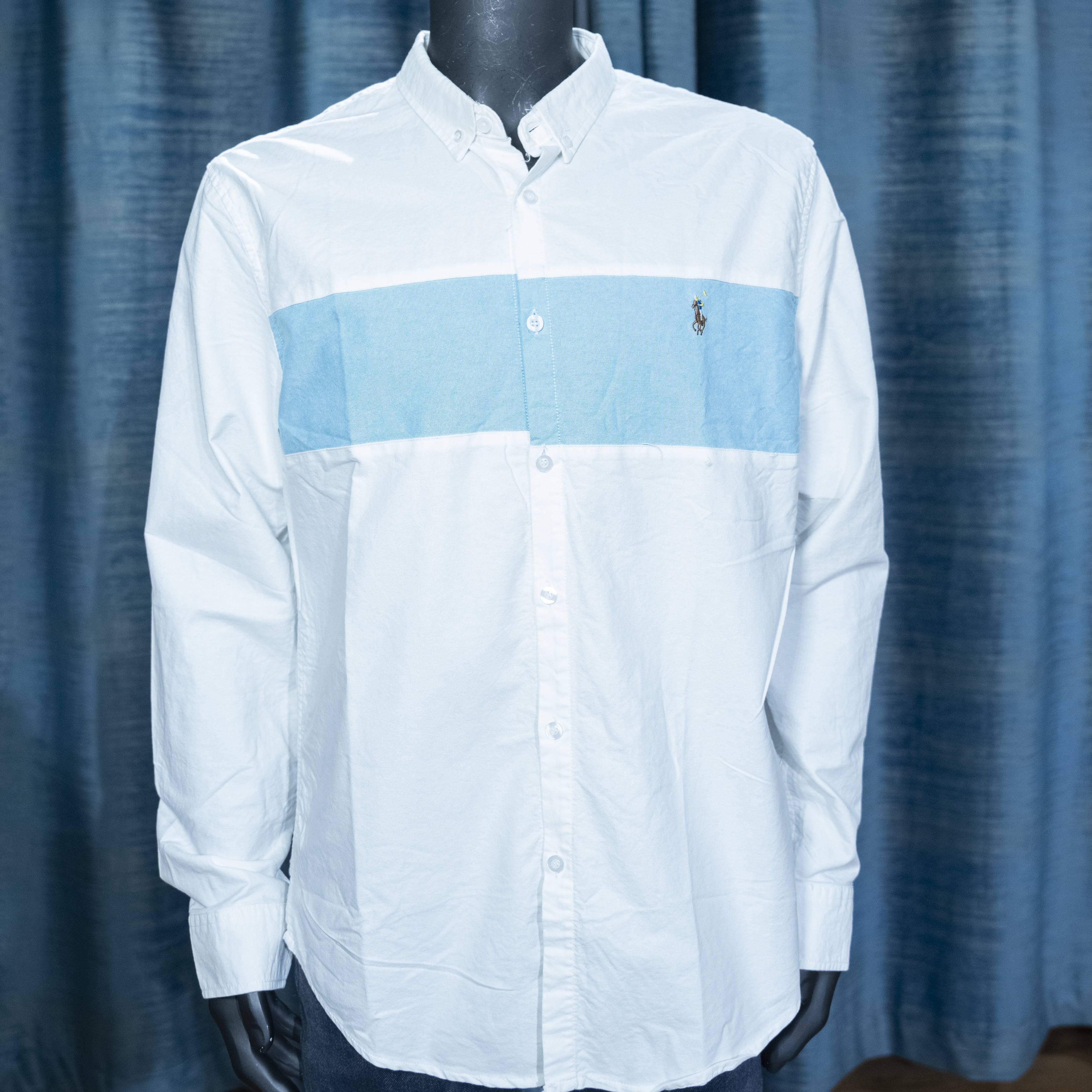 Men's White Long Sleeve Shirt with Light Blue Chest Stripe