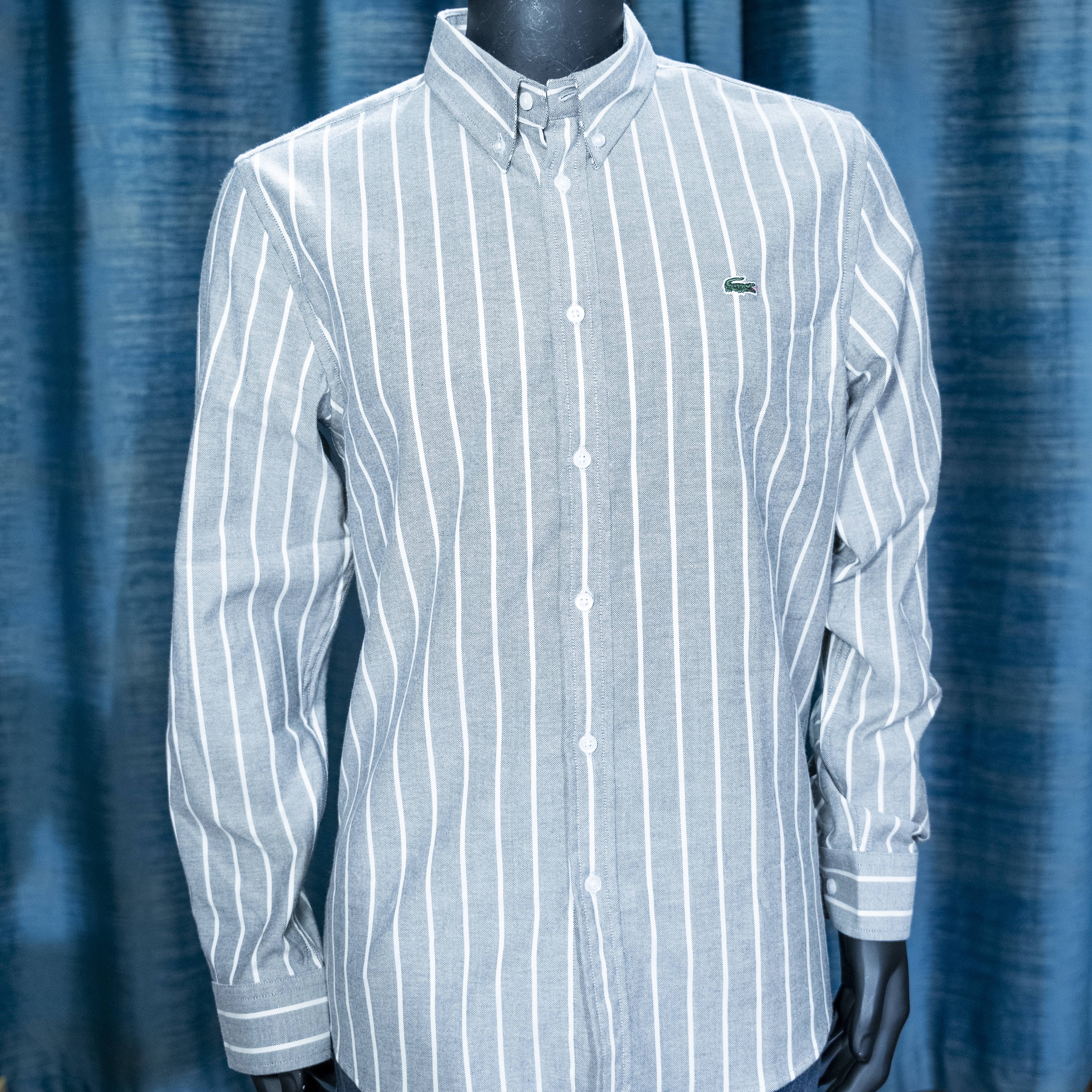 Lacoste Men's Grey and White Vertical Striped Long Sleeve Shirt