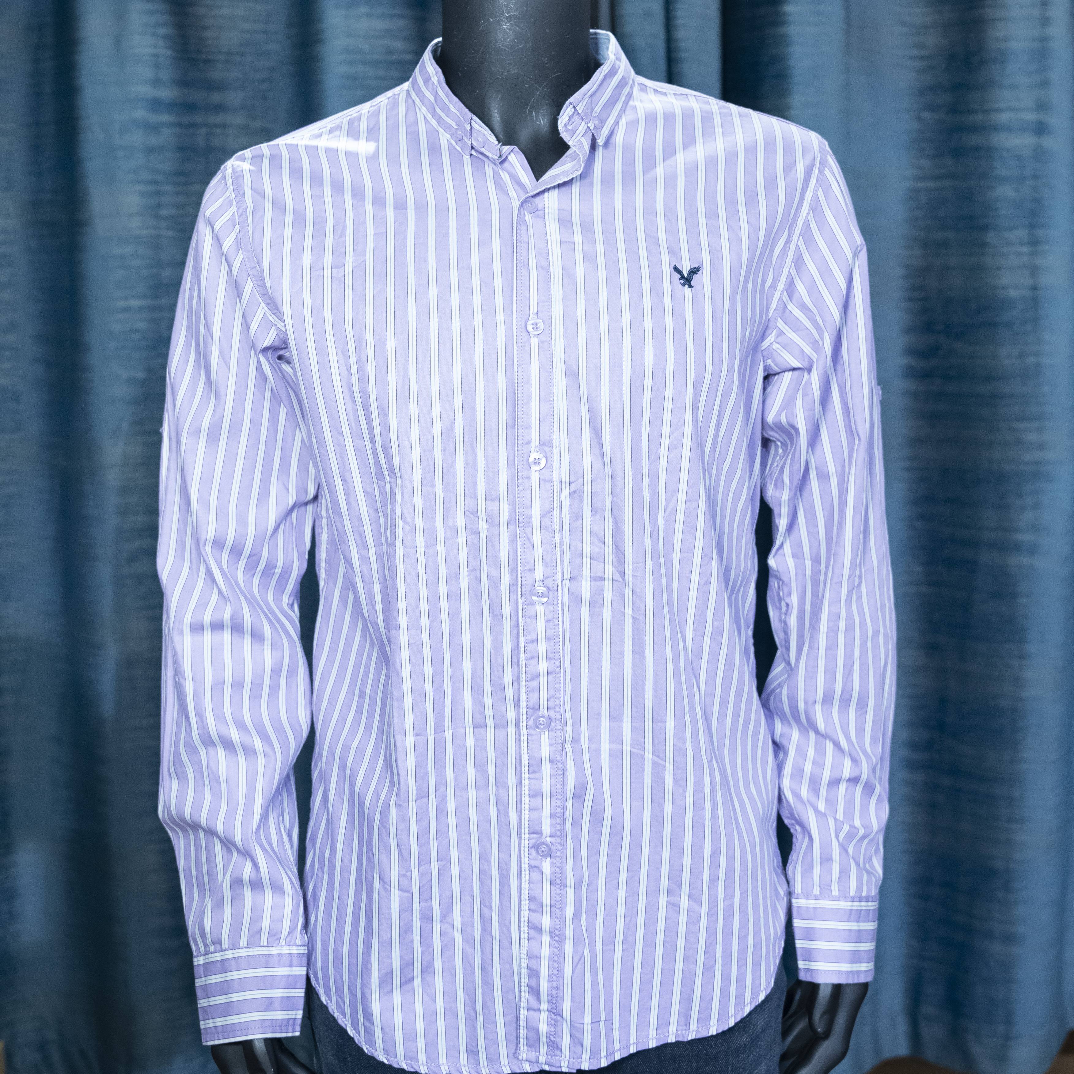 American Eagle Men's Purple Striped Long Sleeve Shirt