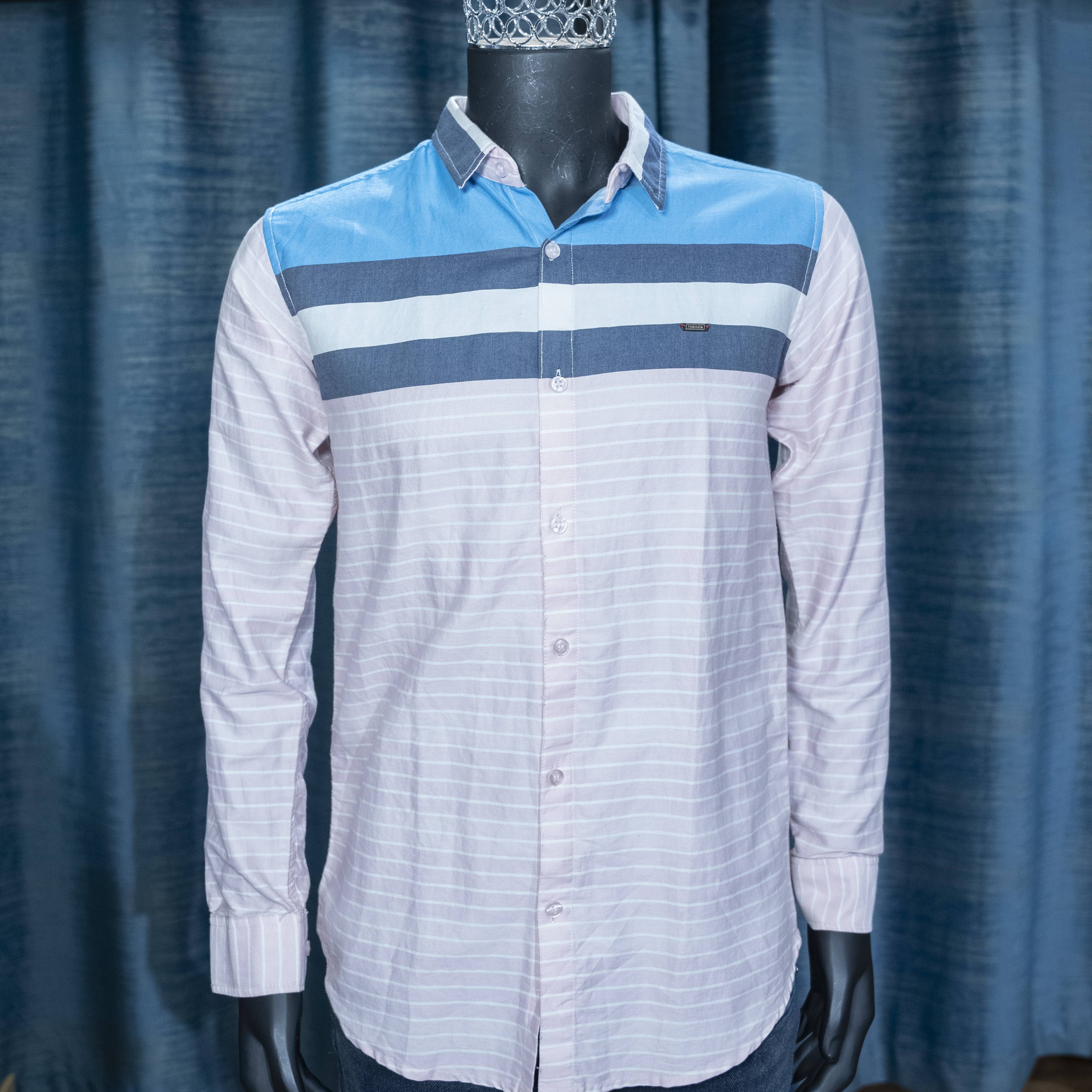 Men's Colorblock Striped Long Sleeve Shirt in Blue and Pink