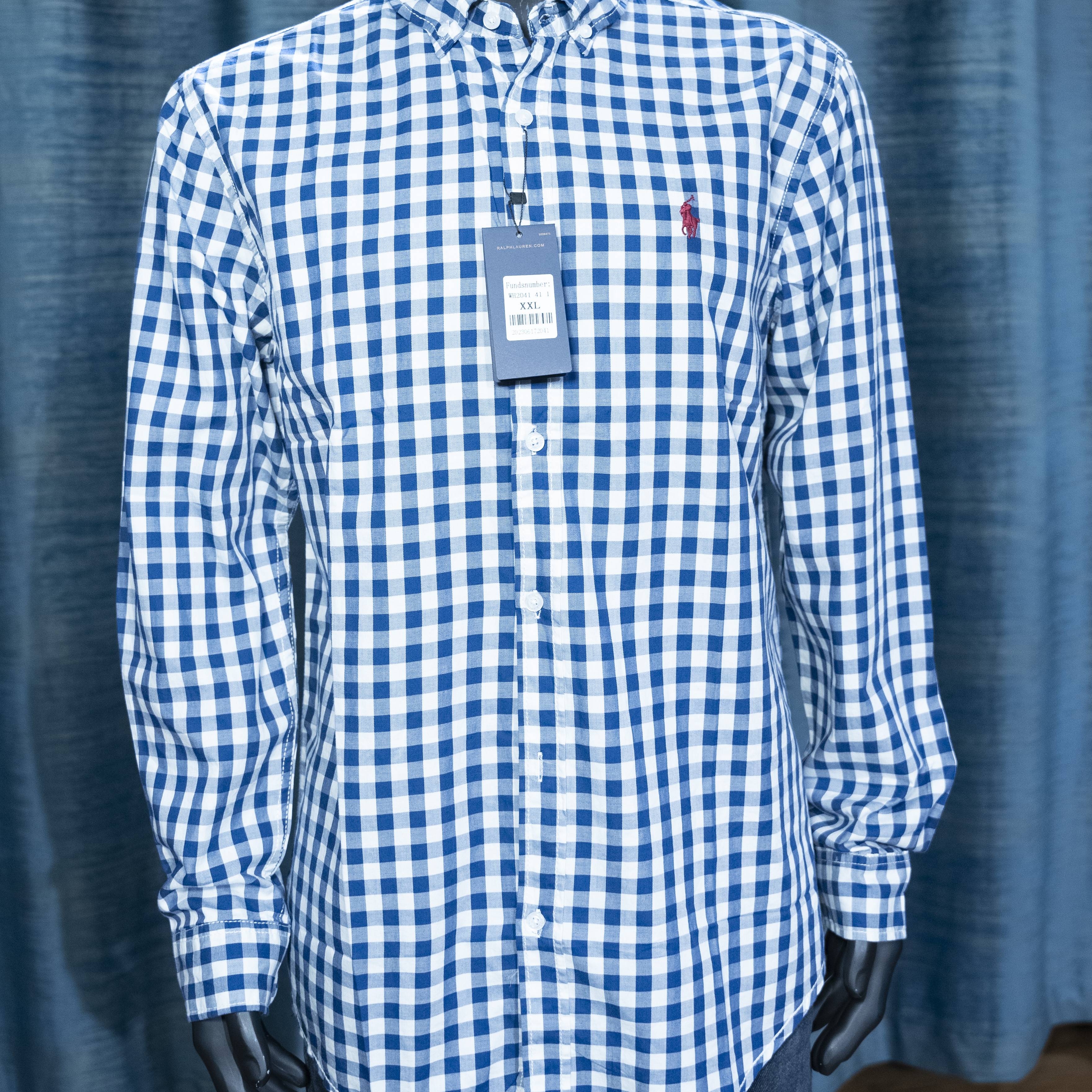 Men's Blue and White Gingham Checkered Long Sleeve Shirt