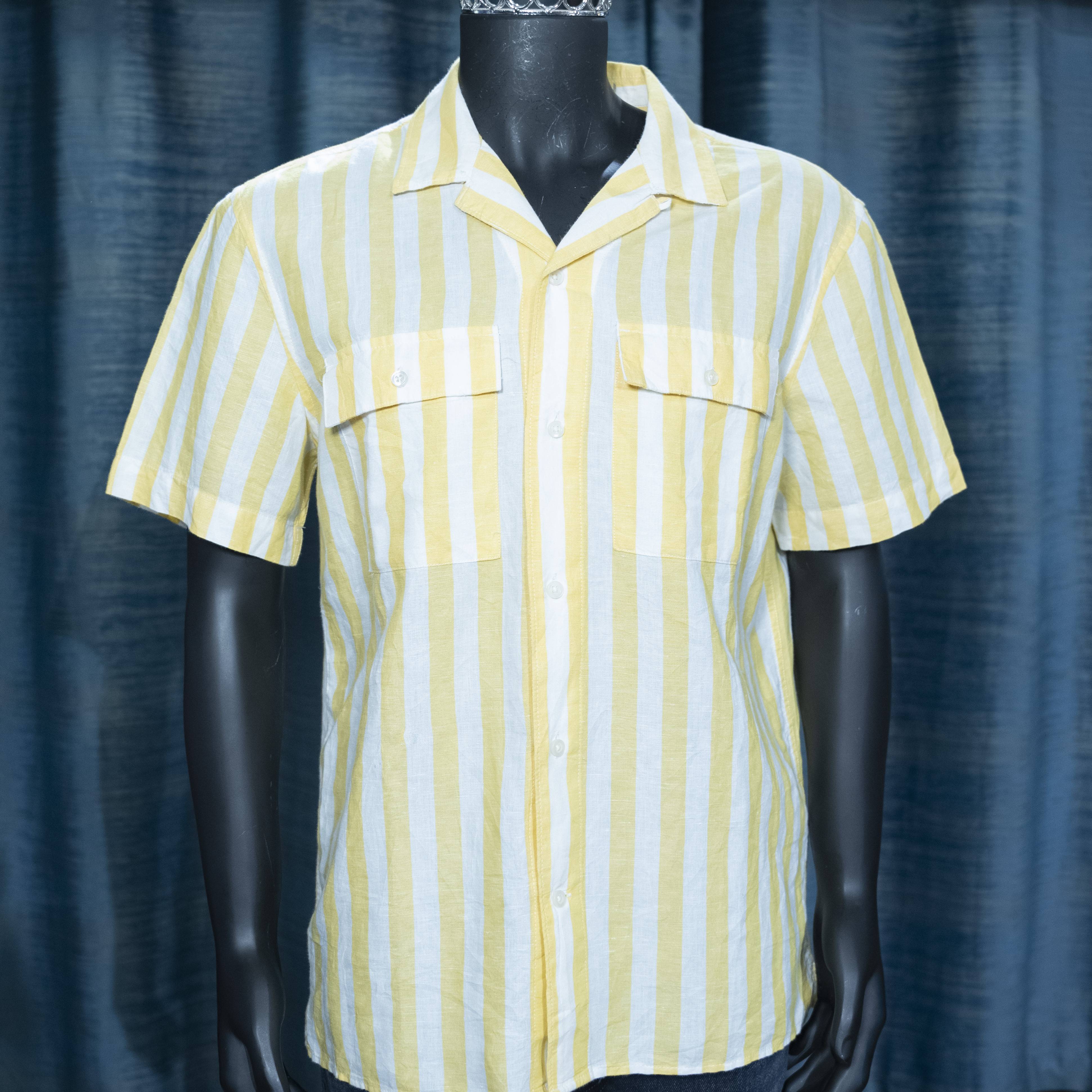 Men's Yellow and White Striped Short-Sleeve Button-Up Shirt