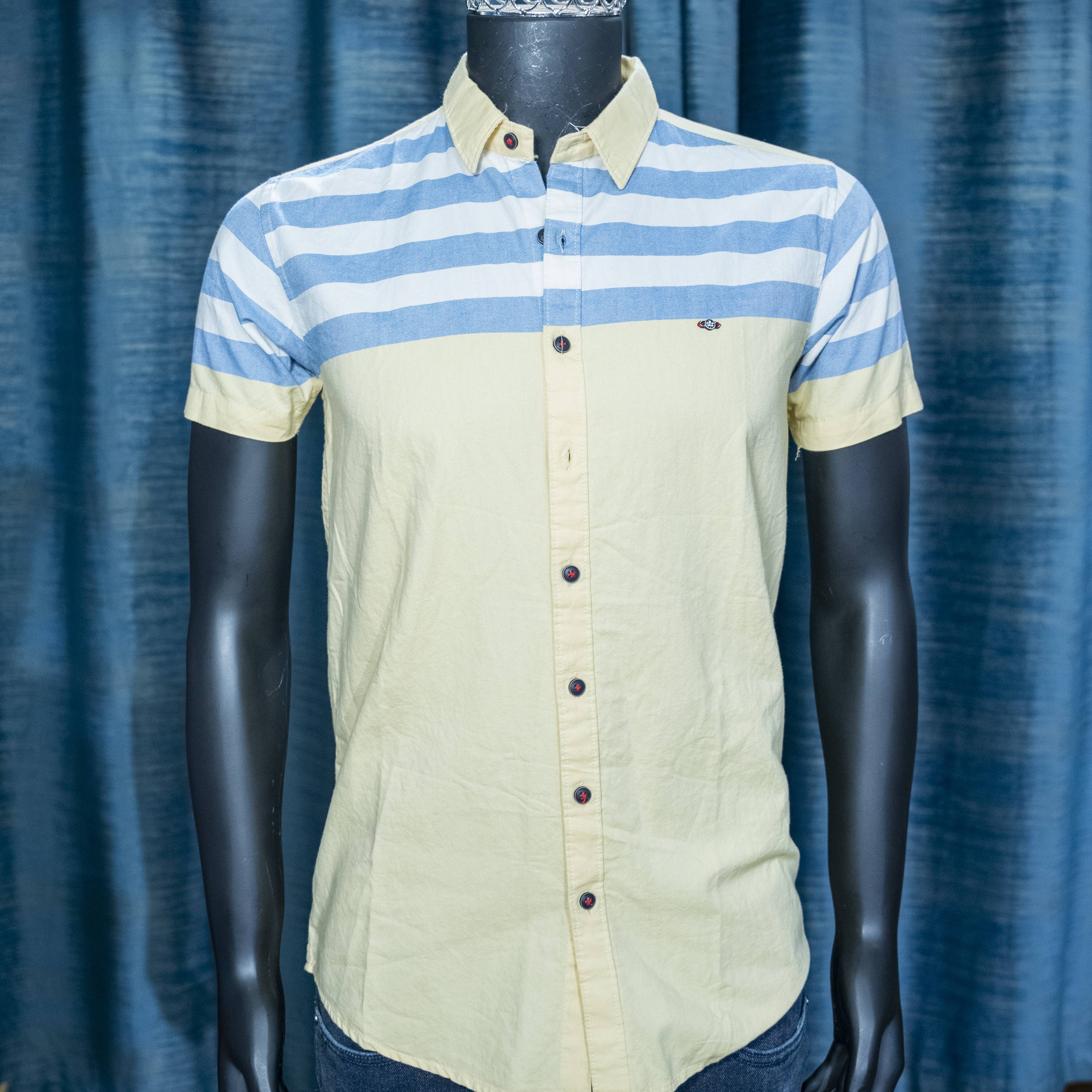 Men's Short-Sleeve Striped Button-Up Shirt in Yellow and Blue