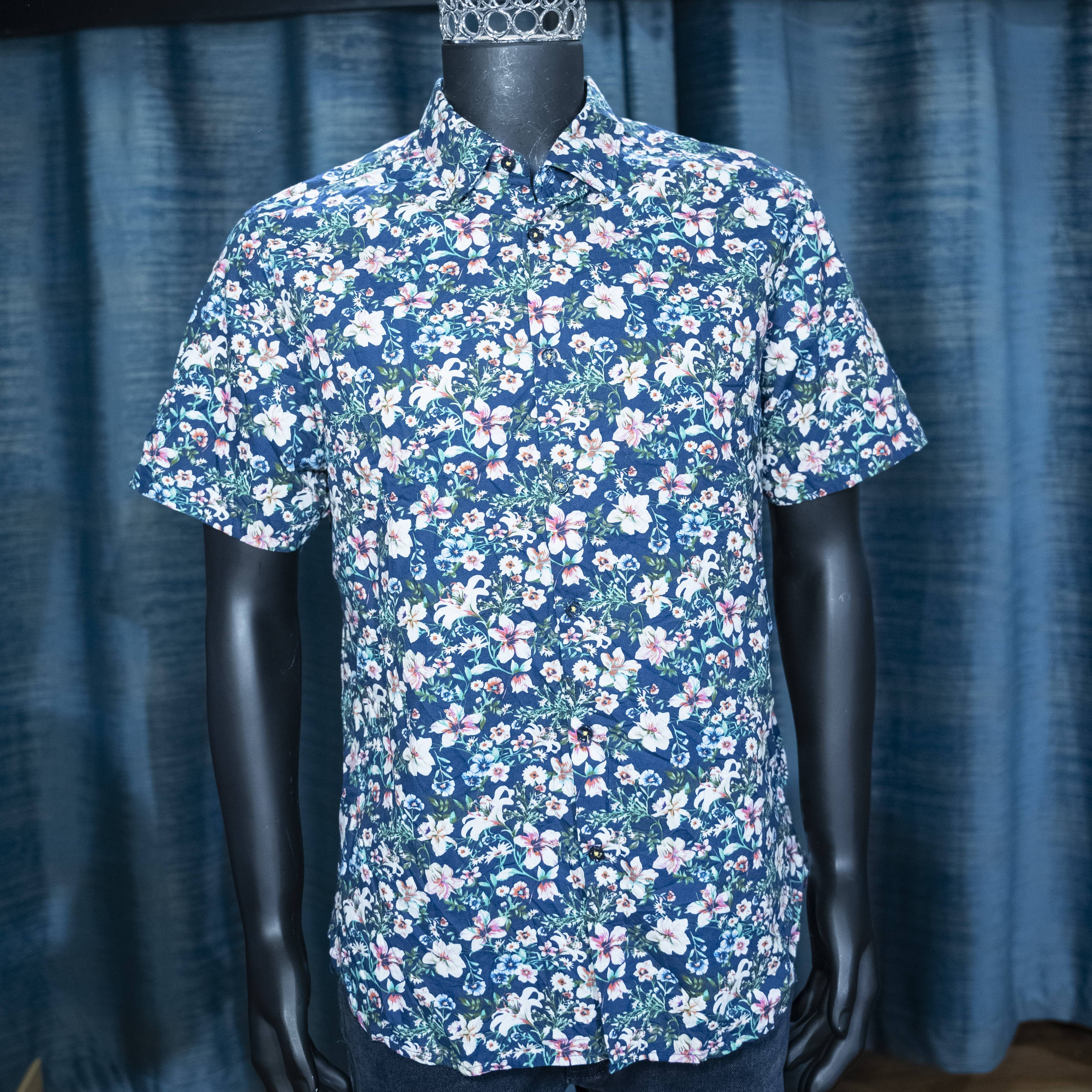 Blue Men's Floral Print Short-Sleeve Button-Down Shirt