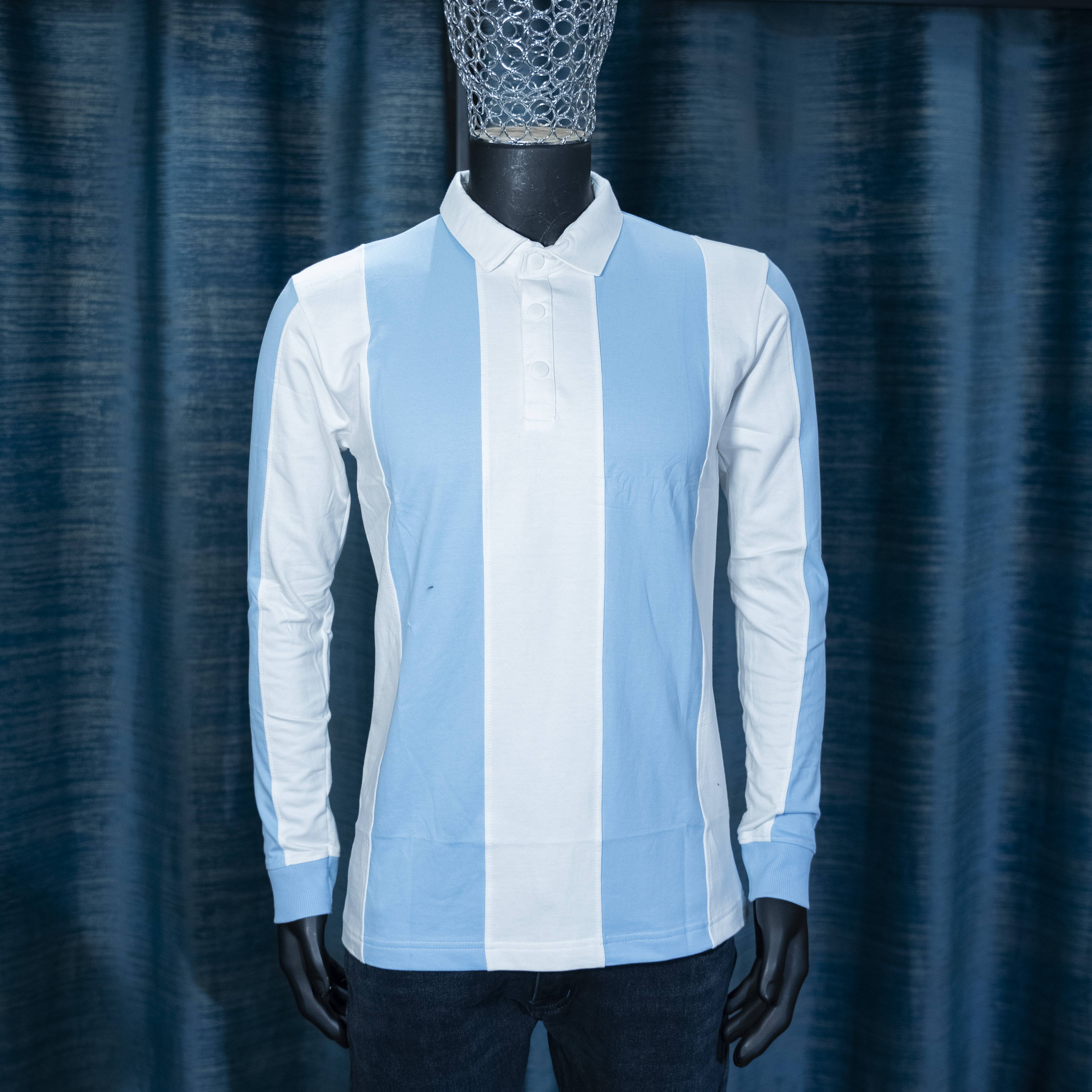 Men's Light Blue and White Striped Long-Sleeve Polo Shirt