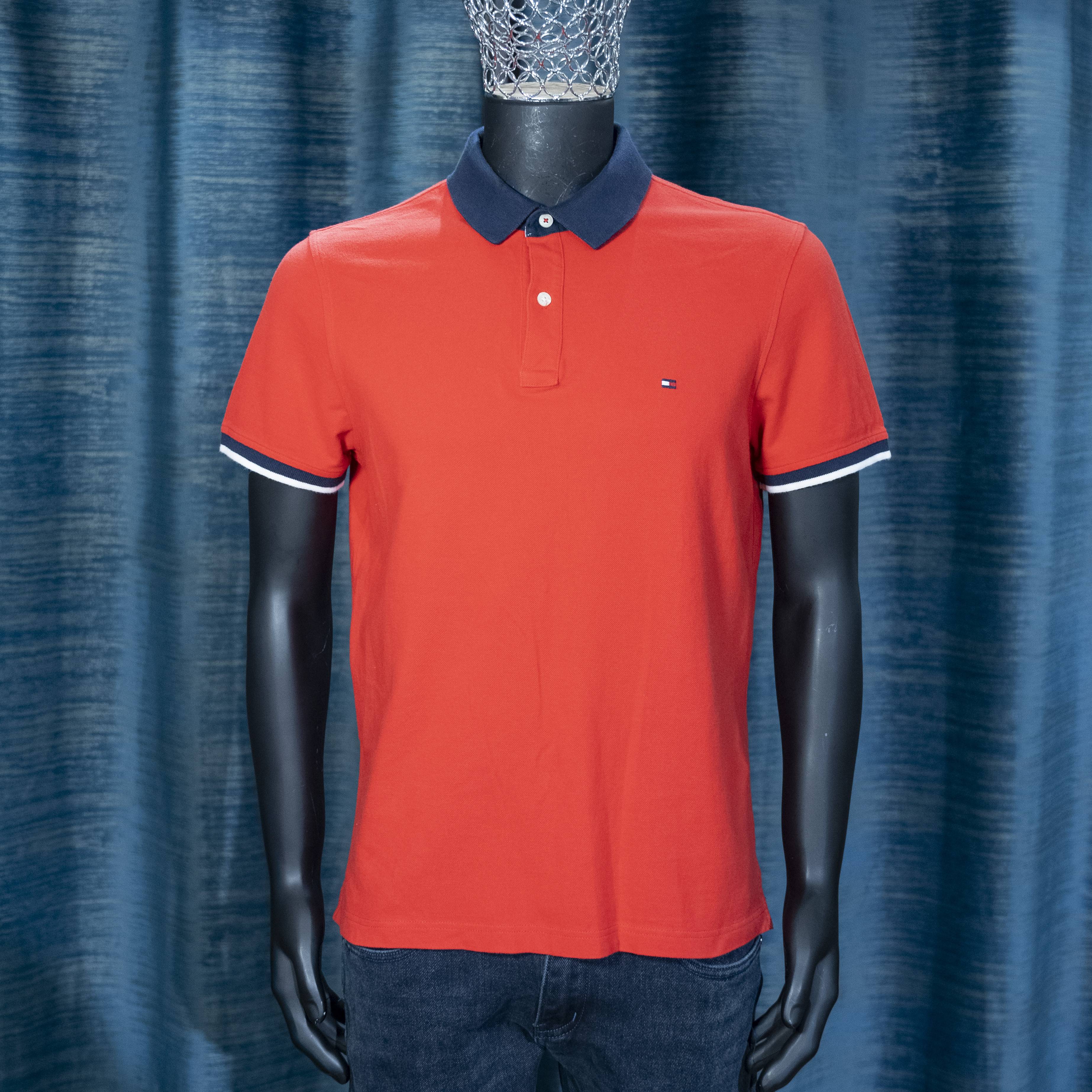 Men's Red Tommy Shirt with Navy Collar and White Trim