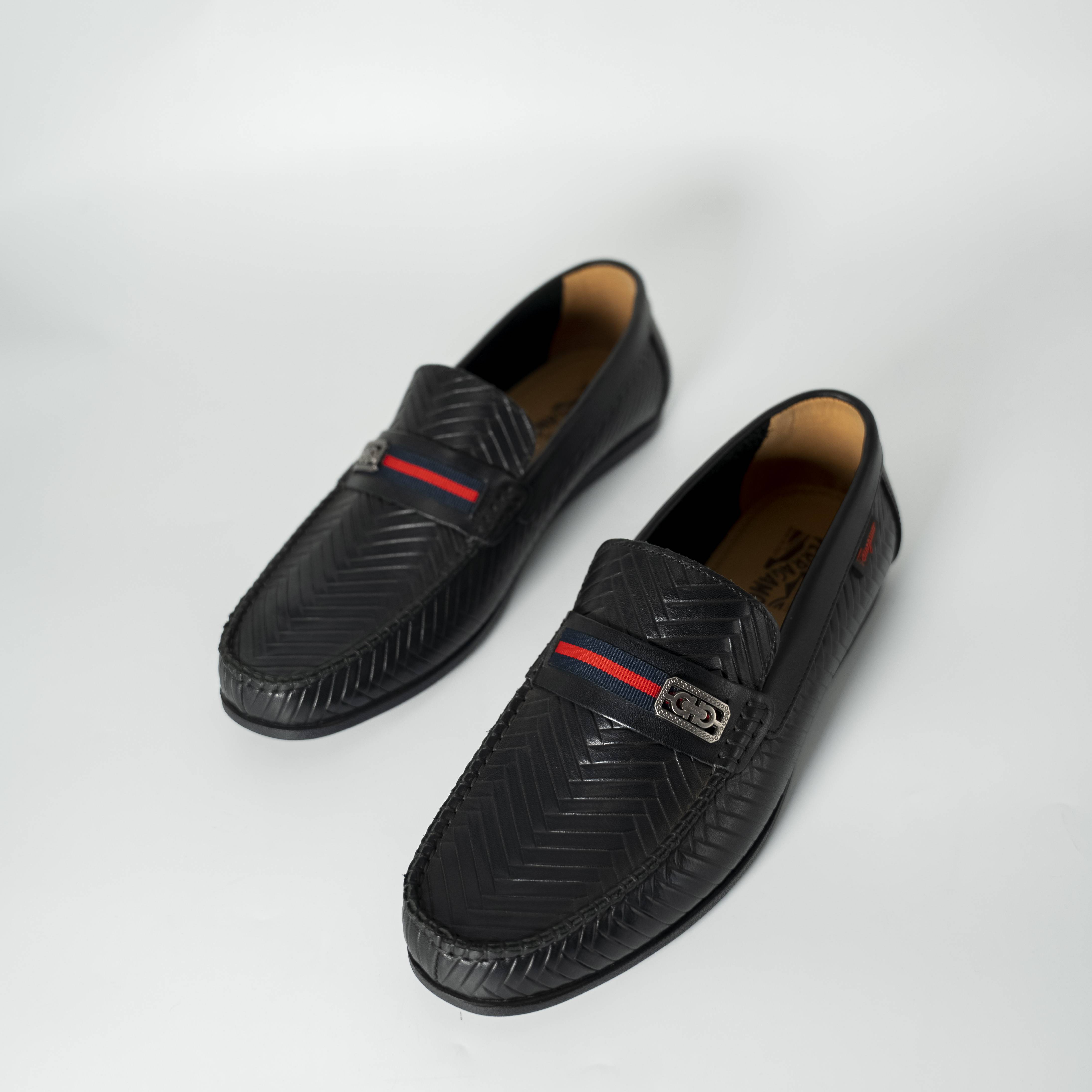 Men's Black Textured Loafers with Red and Blue Accent Strap