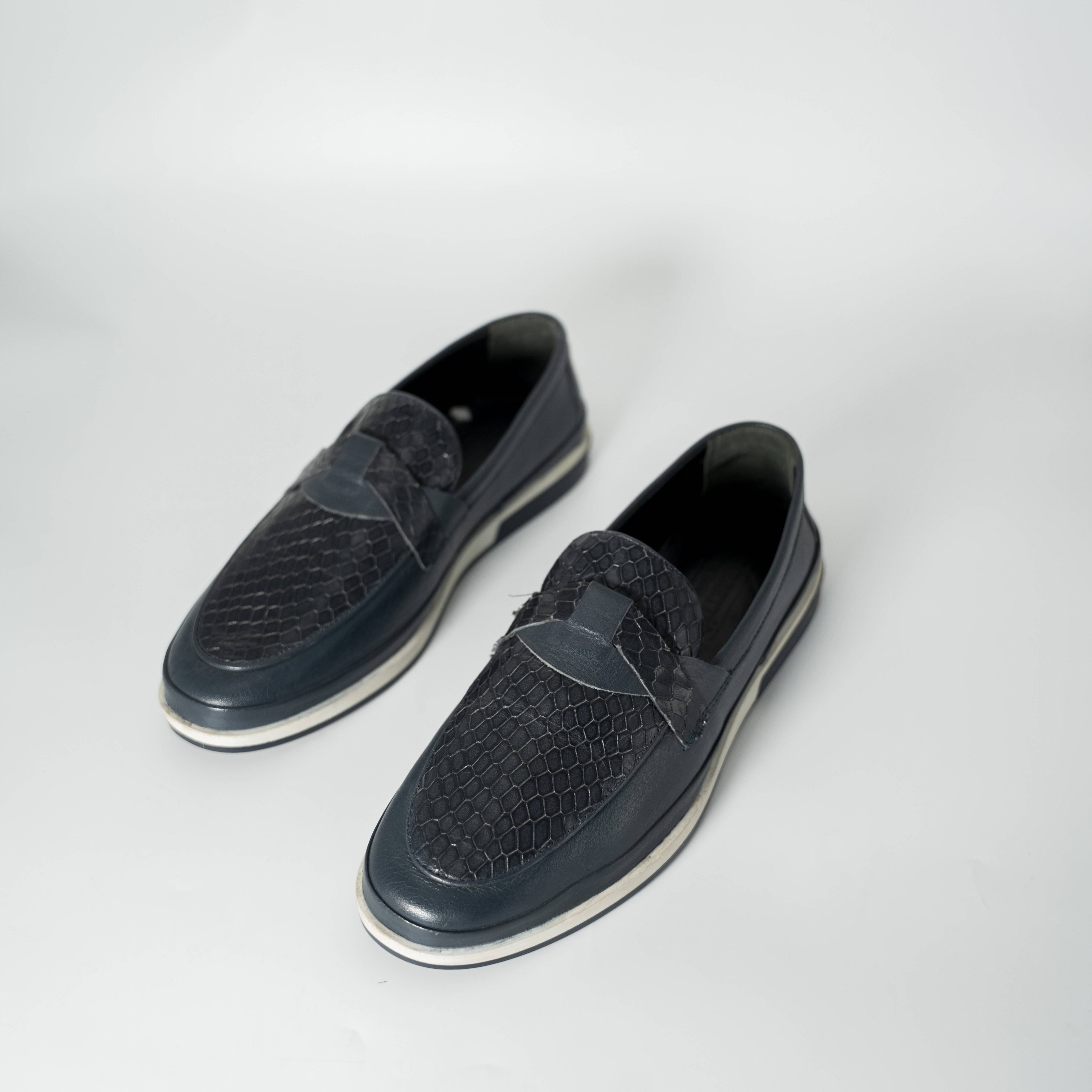 Men's Black Snake-Skin Patterned Loafers with White Sole