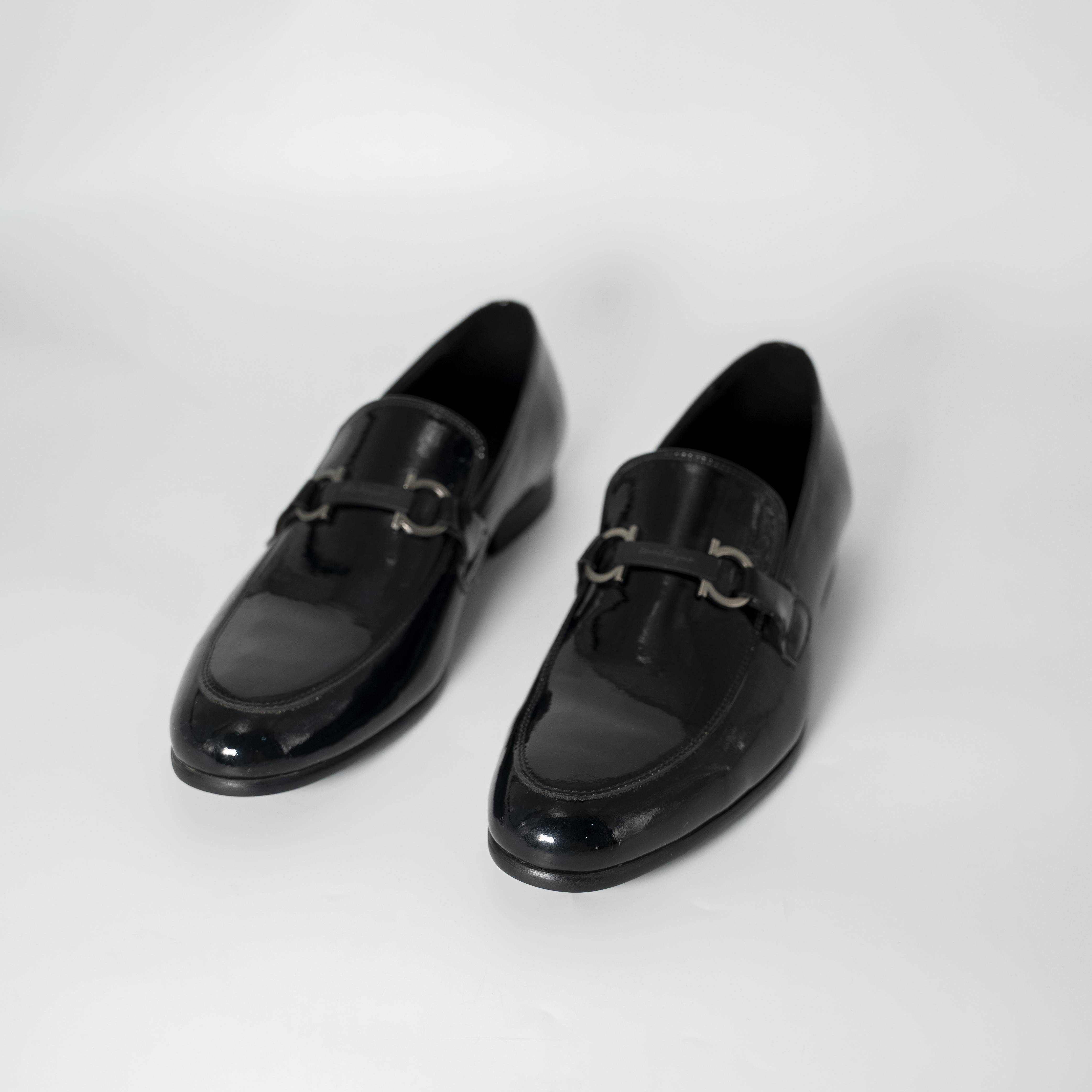 Black Patent Leather Loafers with Metal Bit Detail