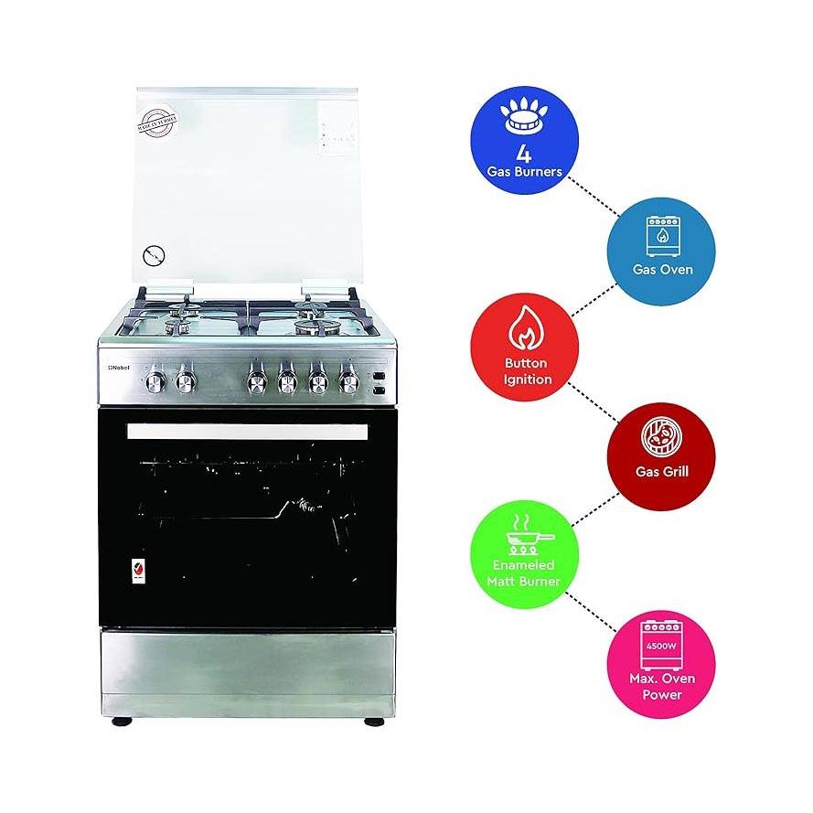 NOBEL GAS COOKER STAINLESS STEEL 60X60 CM 4 GAS BURNERS