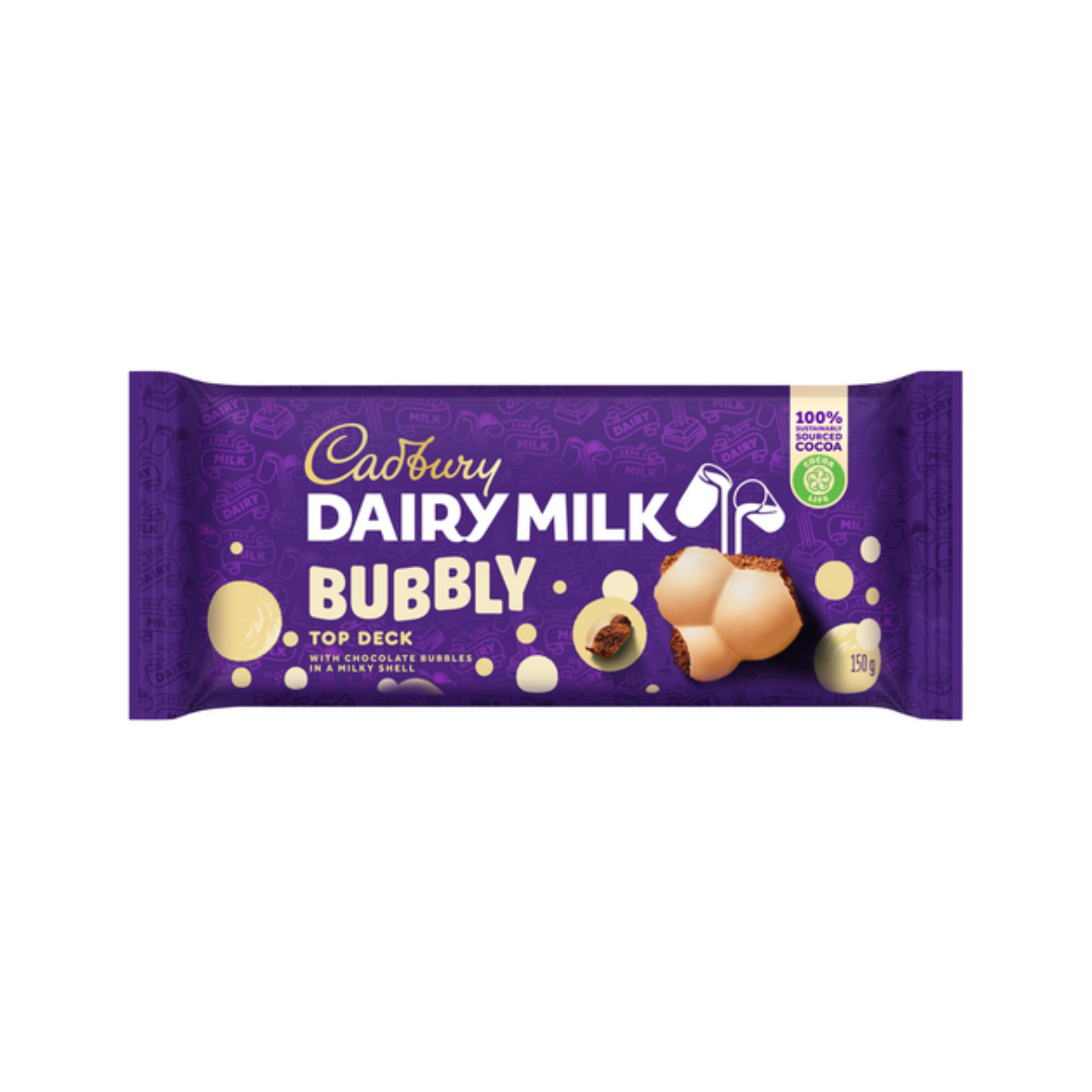 Cadbury Dairy Milk, bubbly top deck milk chocolate with chocolate bubbles in a mi