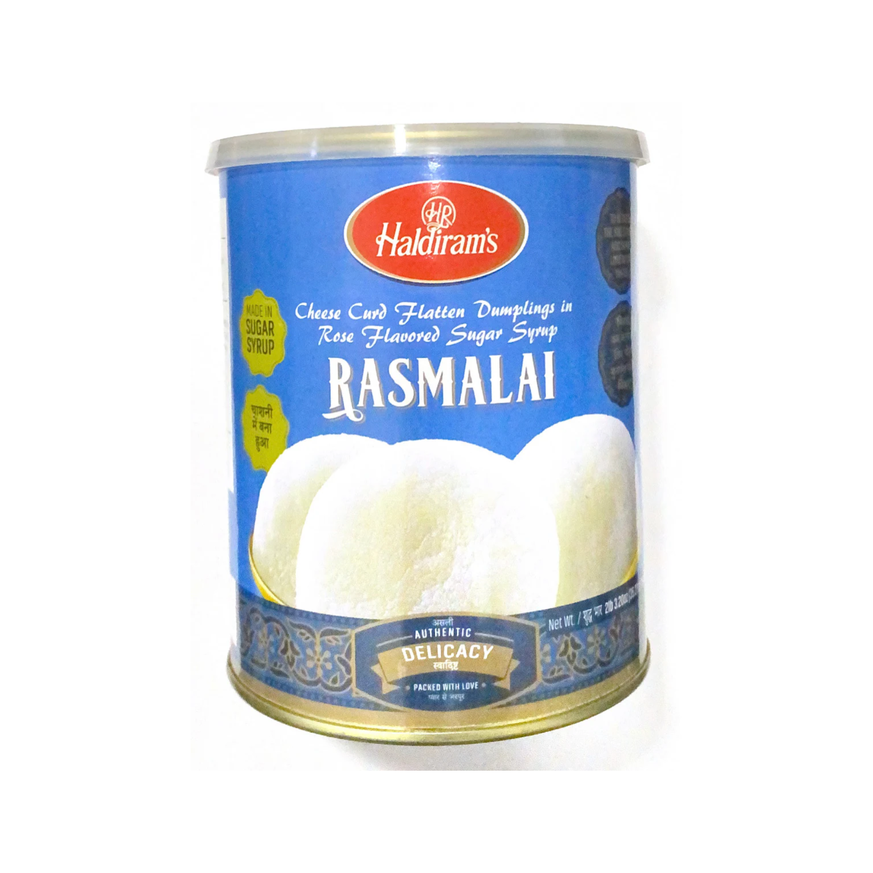 Haldiram's Rasmalai Cheese curd flatten dumplings in rose Flavoured Sugar Syrup,