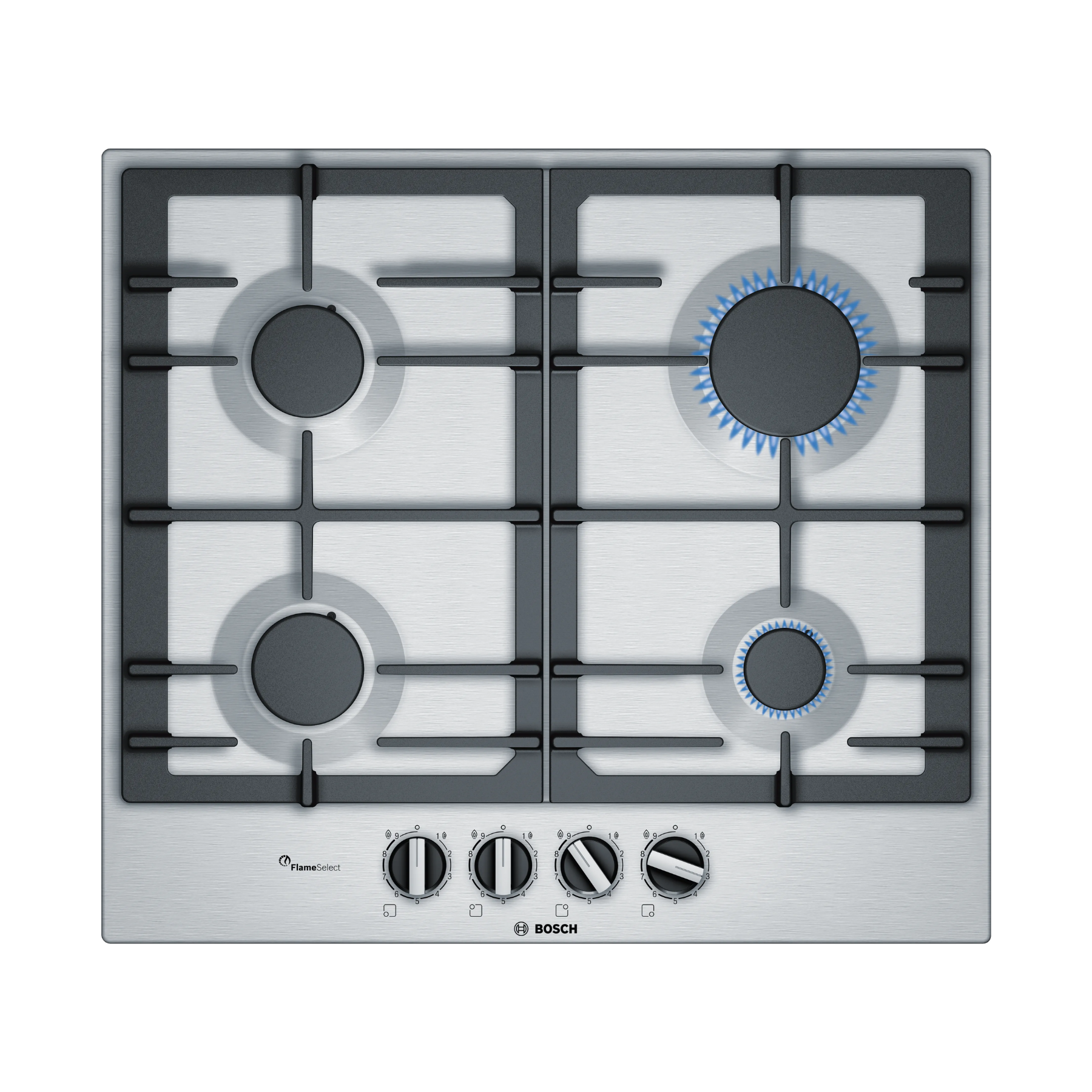 Bosch PCP6A5B90 4 Gas Built In Hob, 60cm, Front Knobs - Stainless Steel by Bosch