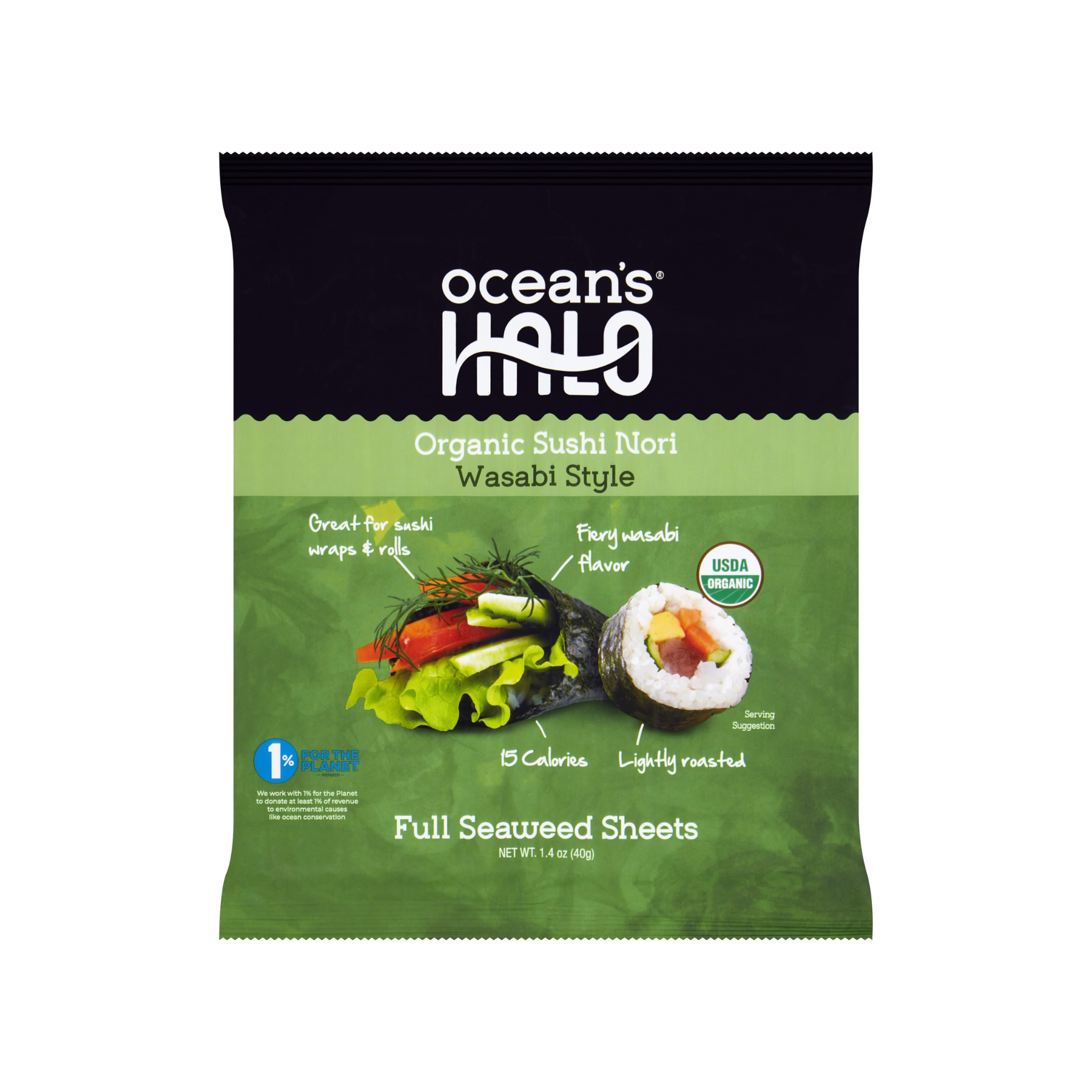 Ocean's Halo Organic Sushi Nori Wasabi Style, Full Seaweed Sheets, 40g