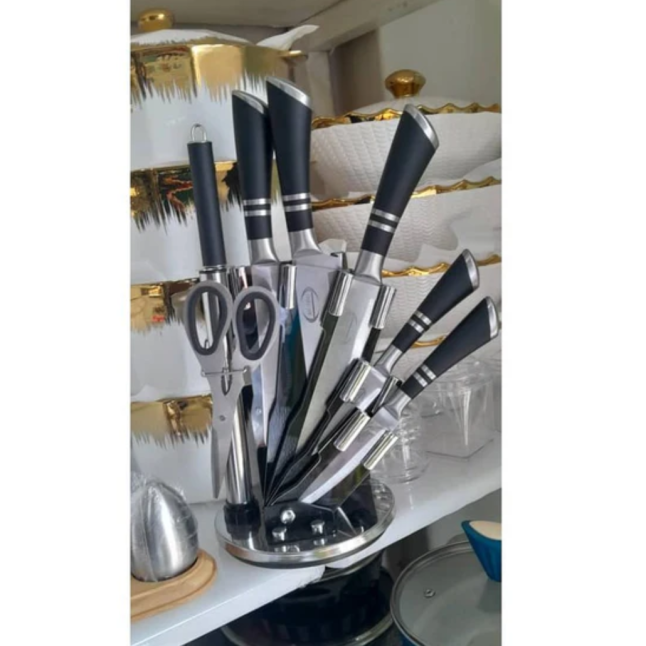 KNIFE SET WITH STAND BLACK STAINLESS STEEL