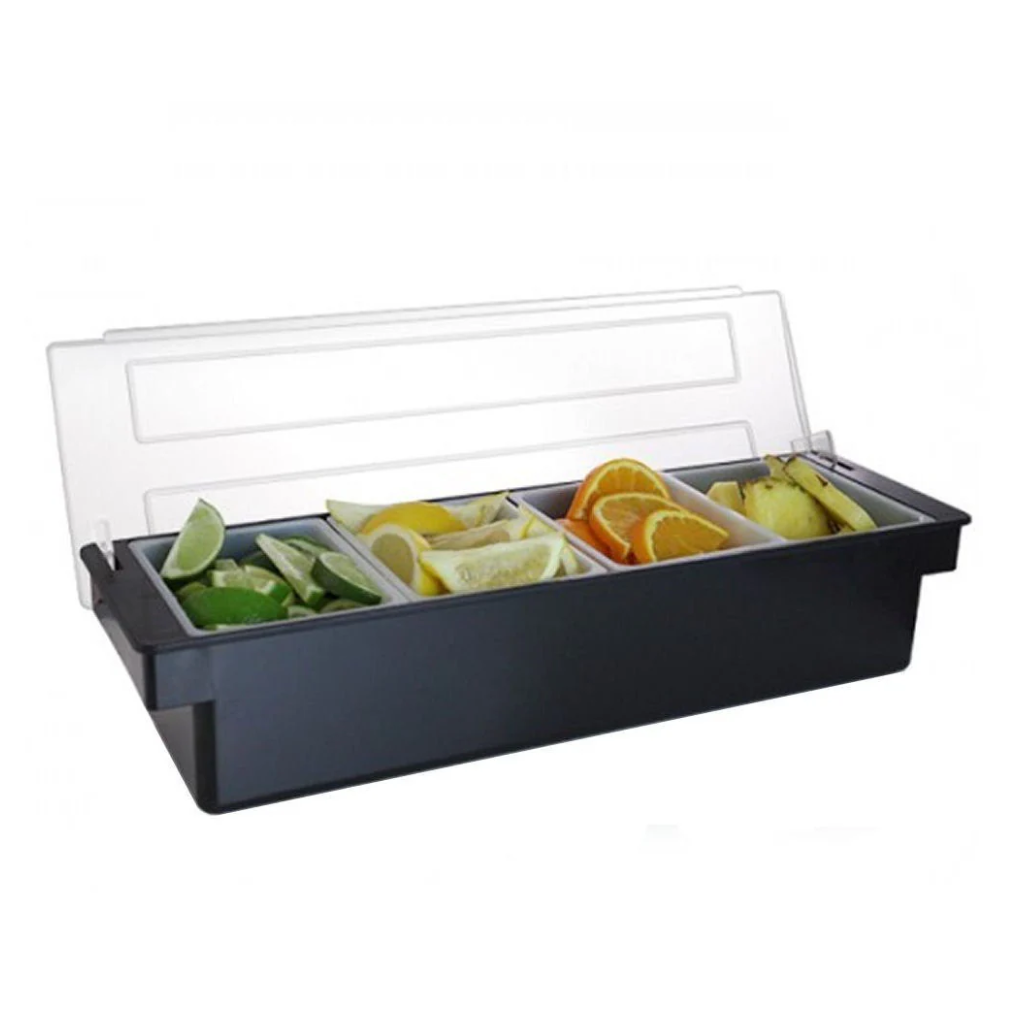 4 COMPARTMENT FOOD AND CONDIMENT DISPENSER WITH CLEAR LID