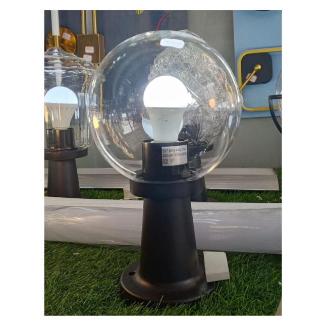 CONE SHAPED OUTDOOR LAMP POST WITH A CLEAR GLASS SPHERE GLOBE