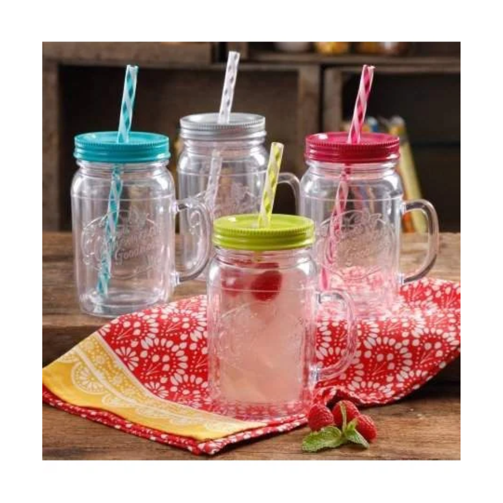 GLASS JARS WITH STRAW AND SOFT METAL COLORED LID