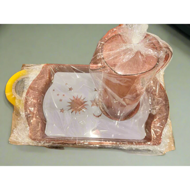 COPPER COLORED PITCHER AND A MATCHING TRAY SET OF 6 PIECES