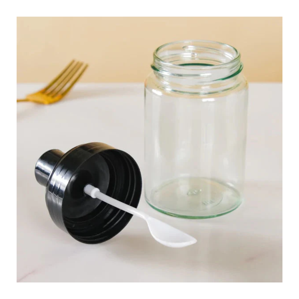 GLASS SPICE JAR WITH SMALL WHITE SPOON