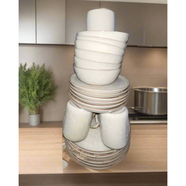 STACKED WHITE CERAMIC DINNERWARE-CUPS,BOWLS AND PLATES