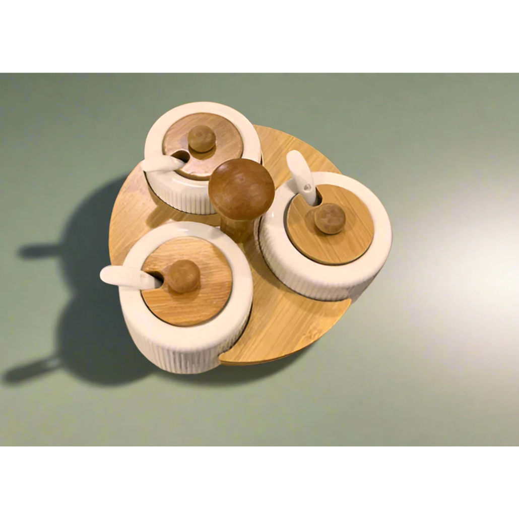 CERAMIC CONDIMENT SET WITH WOODEN LID AND ROTATING BASE CERAMIC SPICE RACK