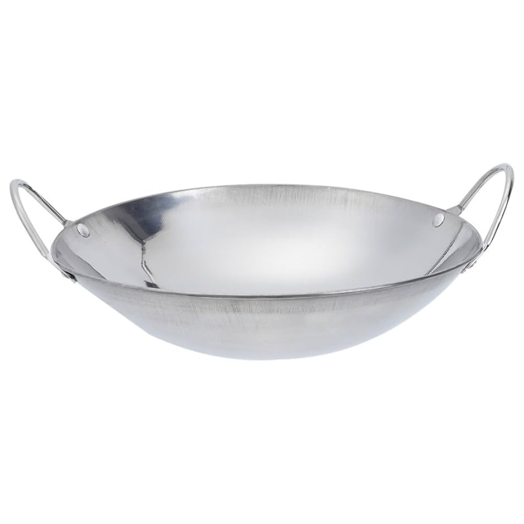 STAINLESS STEEL COOKING WOK 14 INCH -HEAVY DUTY PAN WITH HANDLES