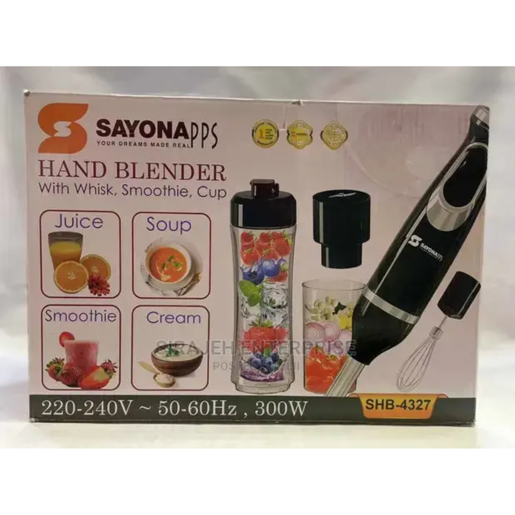 SAYONA HAND BLENDER WITH SMOOTHIE, WHISK, CUP