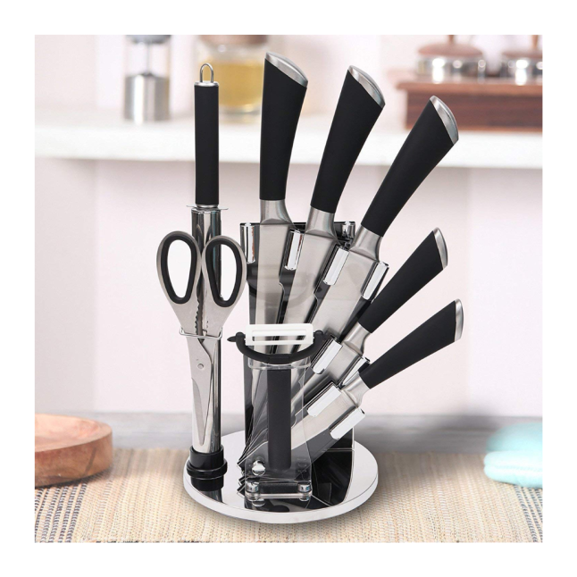 KNIFE SET WITH STAND BLACK STAINLESS STEEL