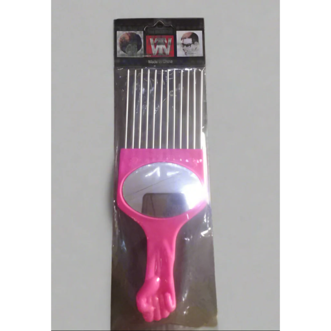 STYLISH PINK AFRO COMB WITH BUILT-IN MIRROR
