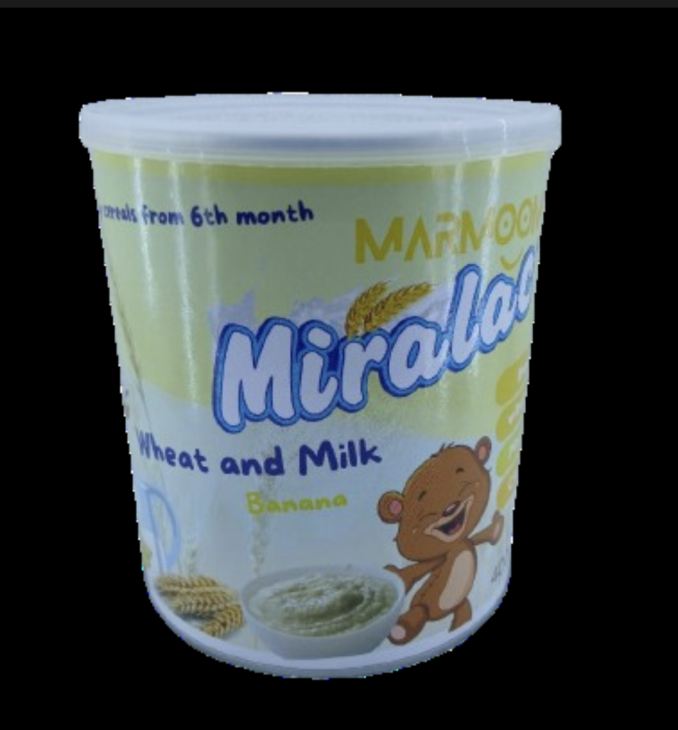 MarMom miralac wheat and Milk banana baby cereal form 6months 400gr